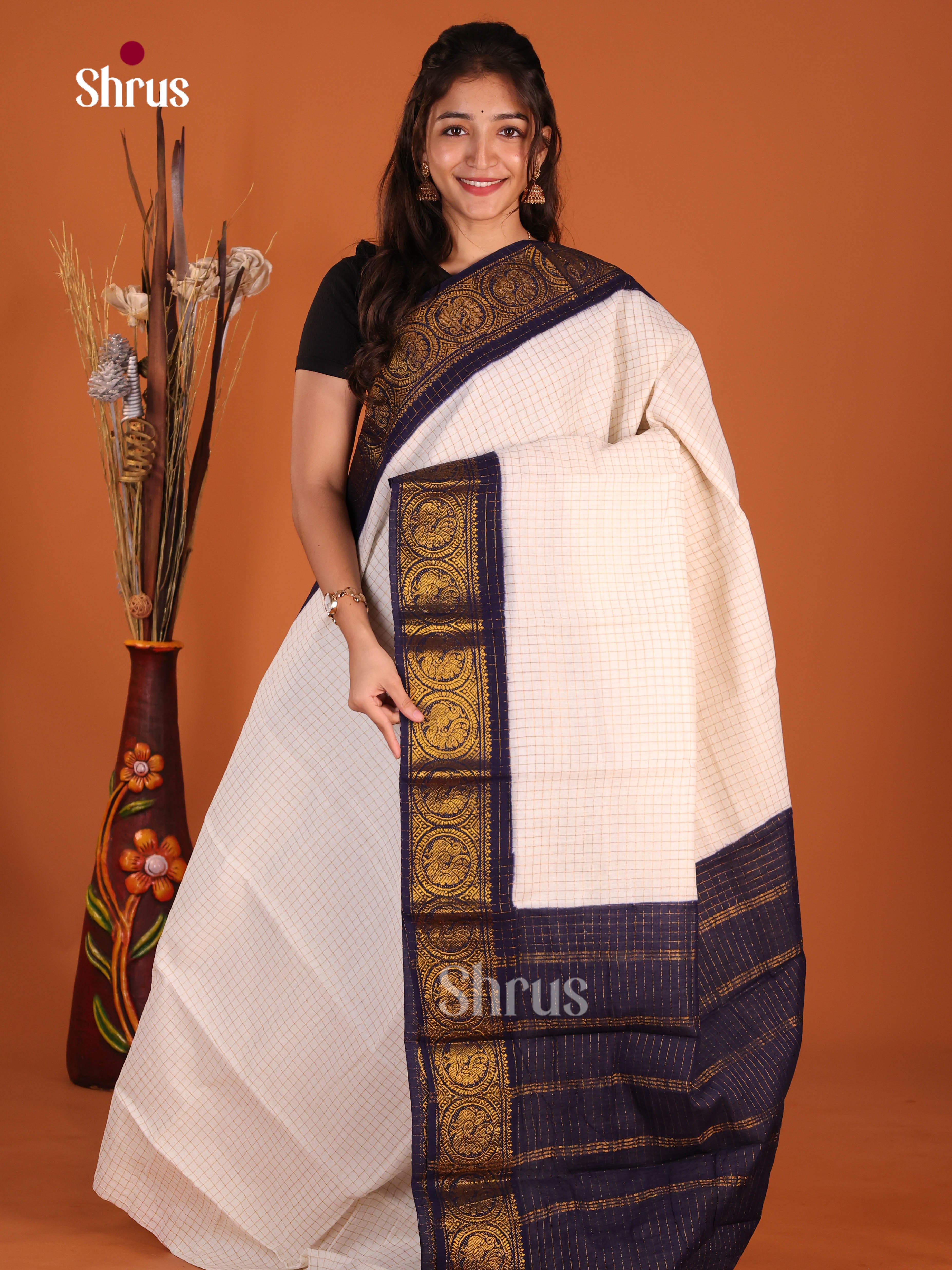 Cream  & Blue - Sungudi Cotton Saree