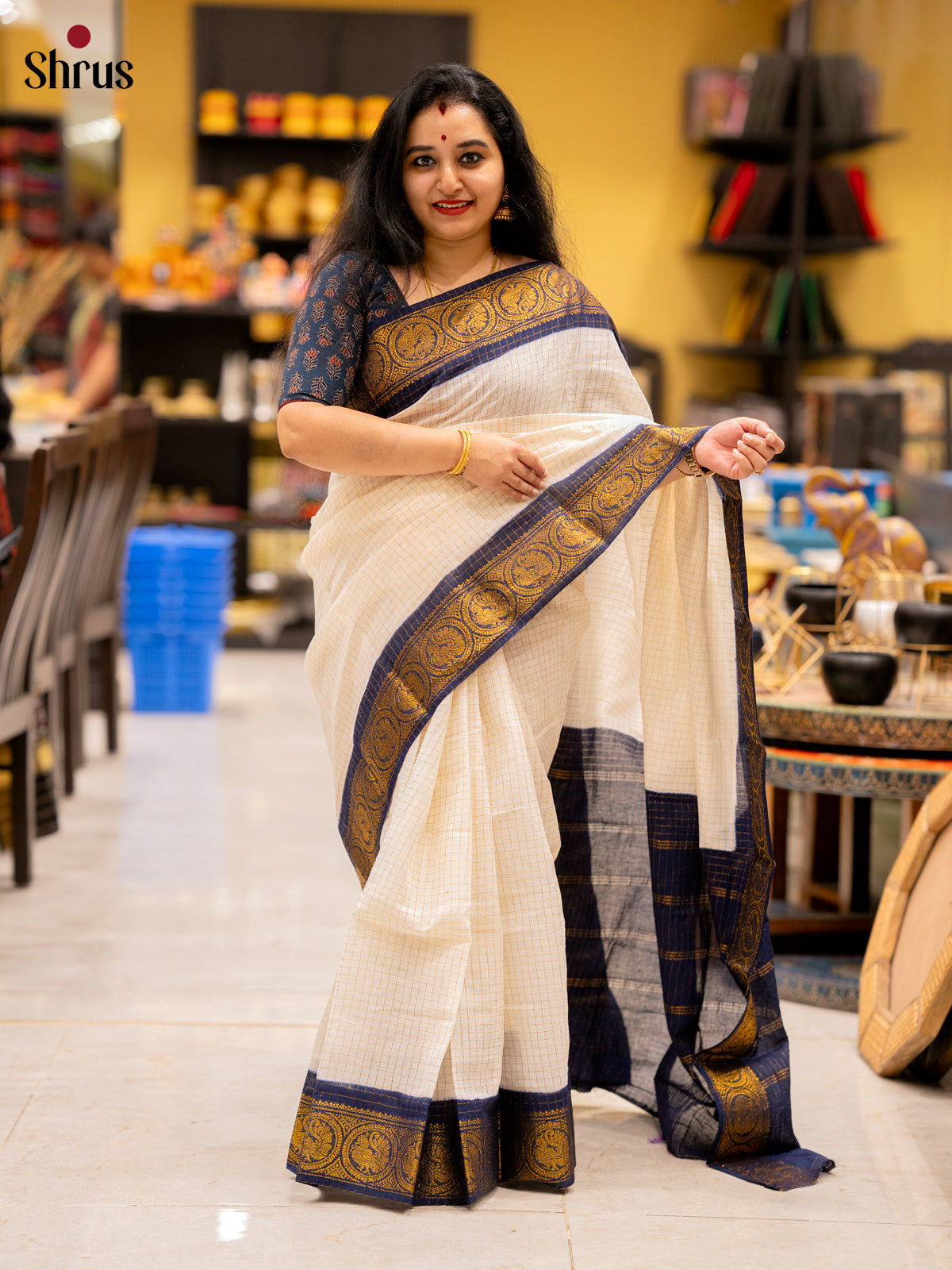 Cream  & Blue - Sungudi Cotton Saree