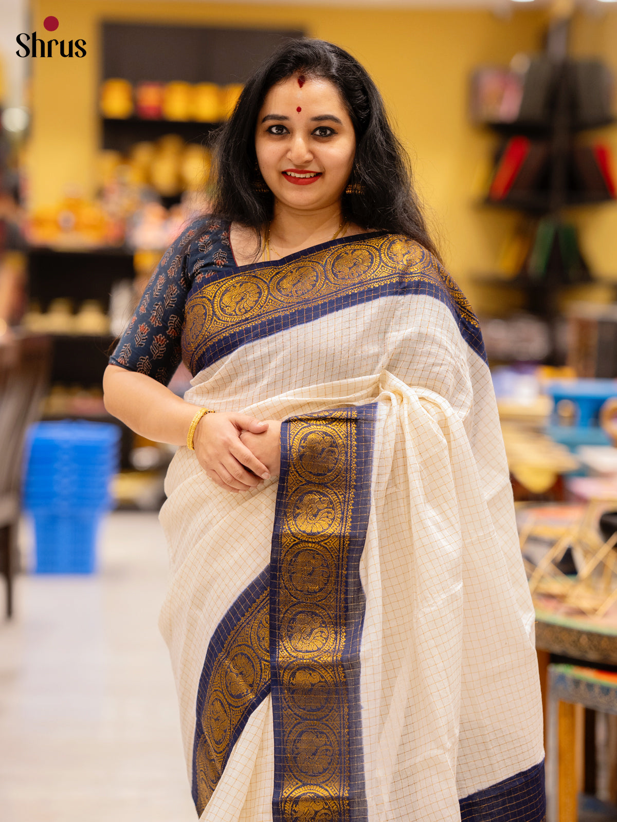 Cream  & Blue - Sungudi Cotton Saree