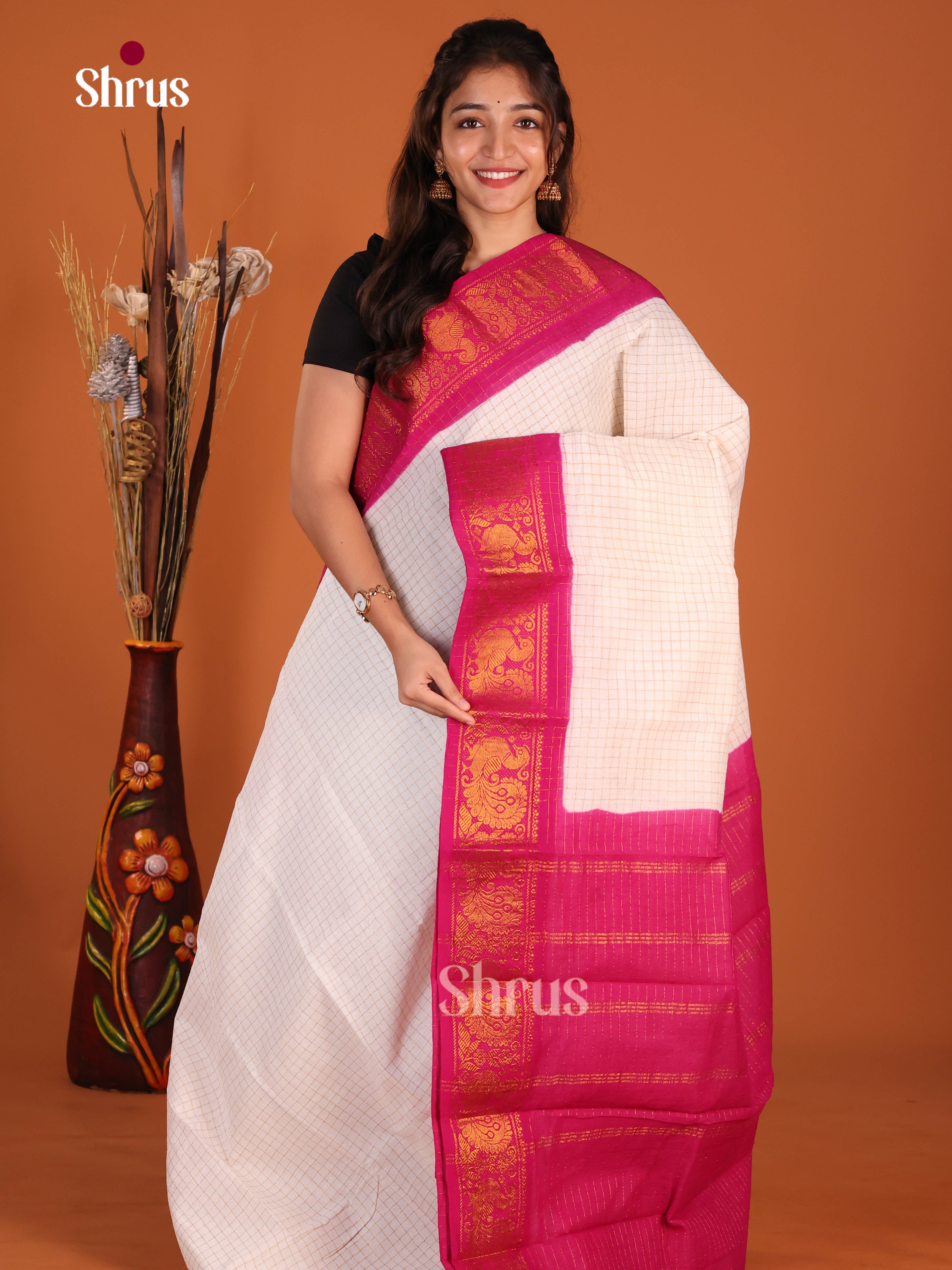 Cream & Pink - Sungudi Cotton Saree - Shop on Shrus.com