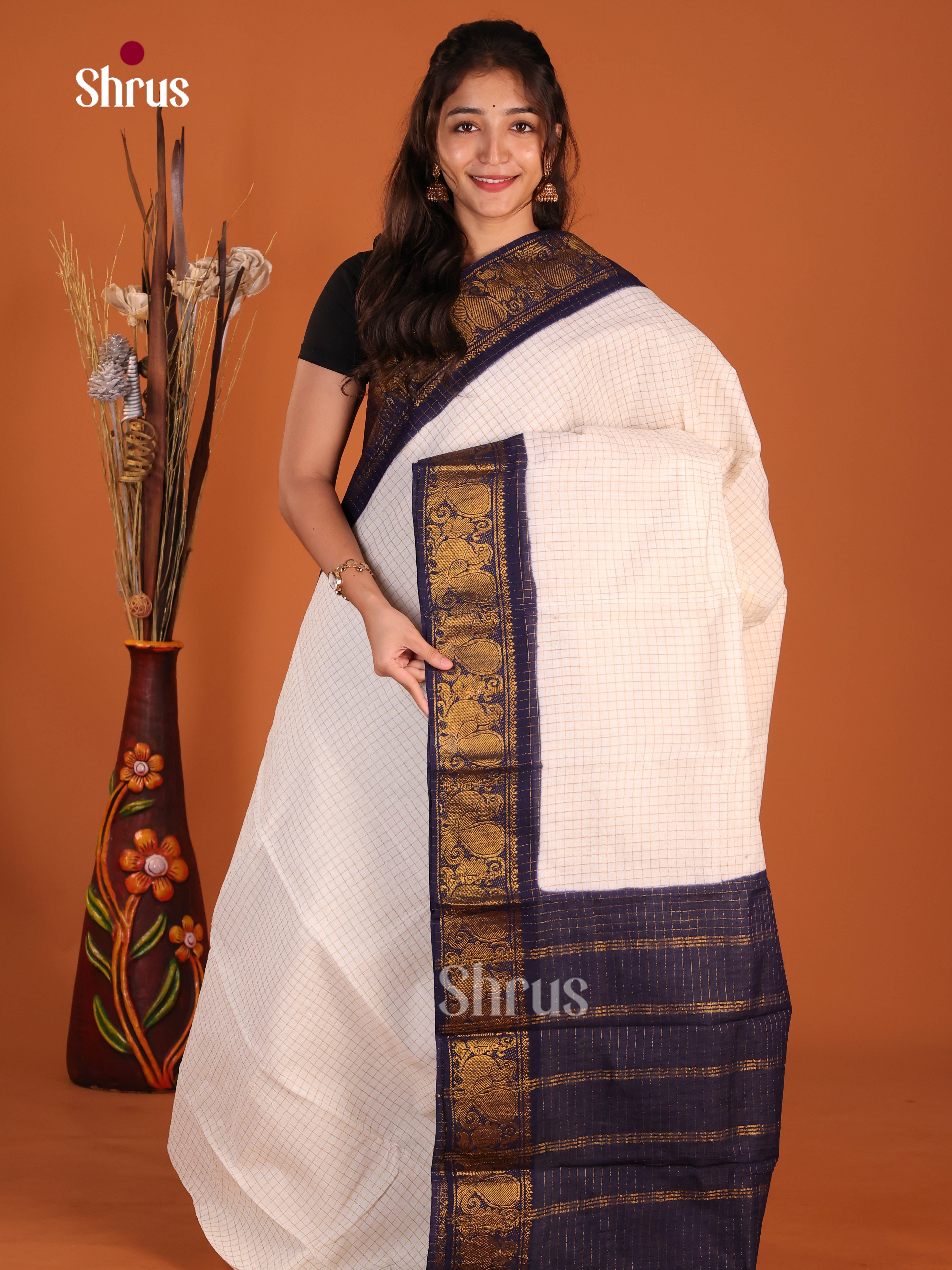 Cream & Blue - Sungudi Cotton Saree
