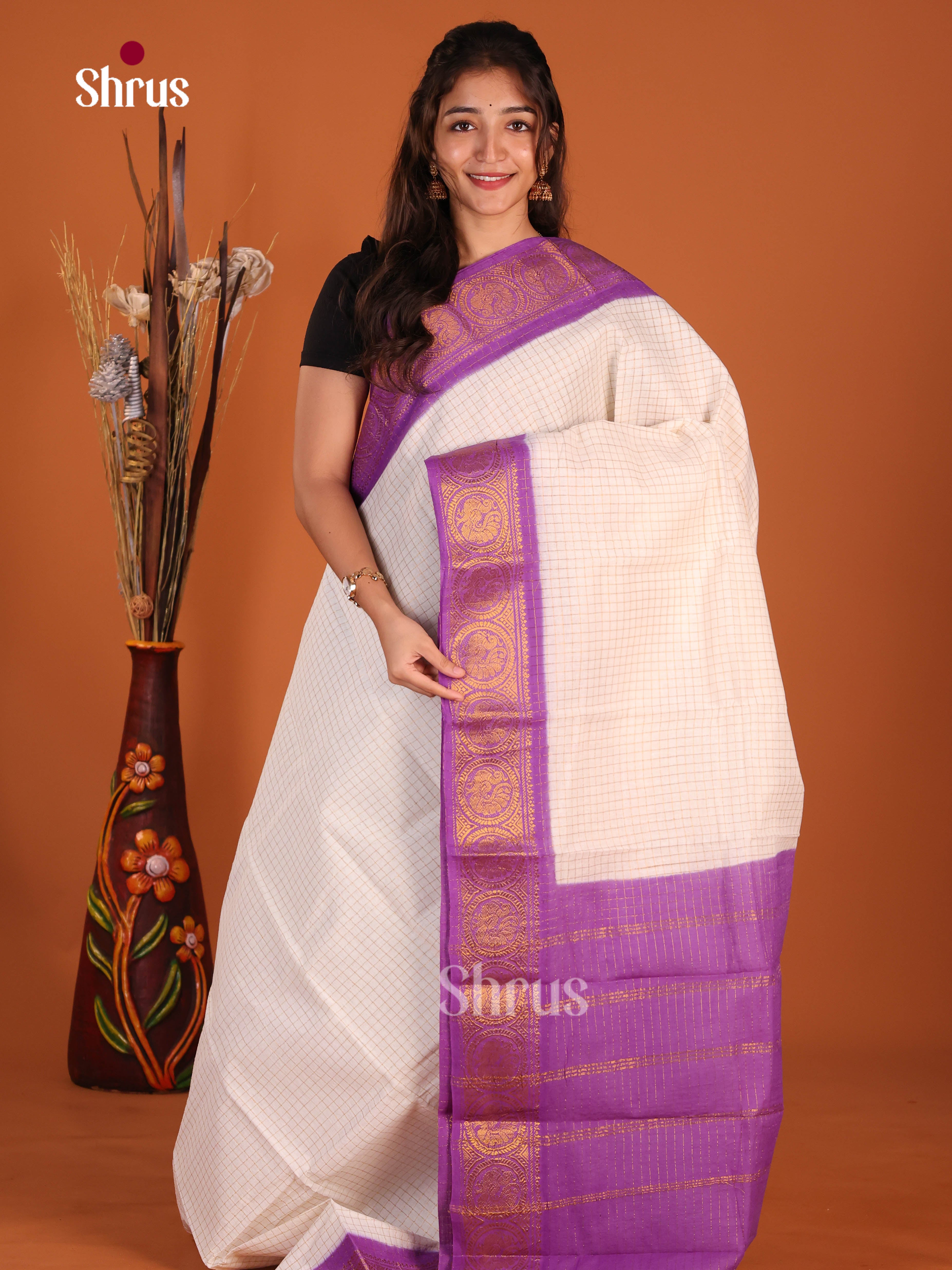 Cream & Purple - Sungudi Cotton Saree - Shop on Shrus.com