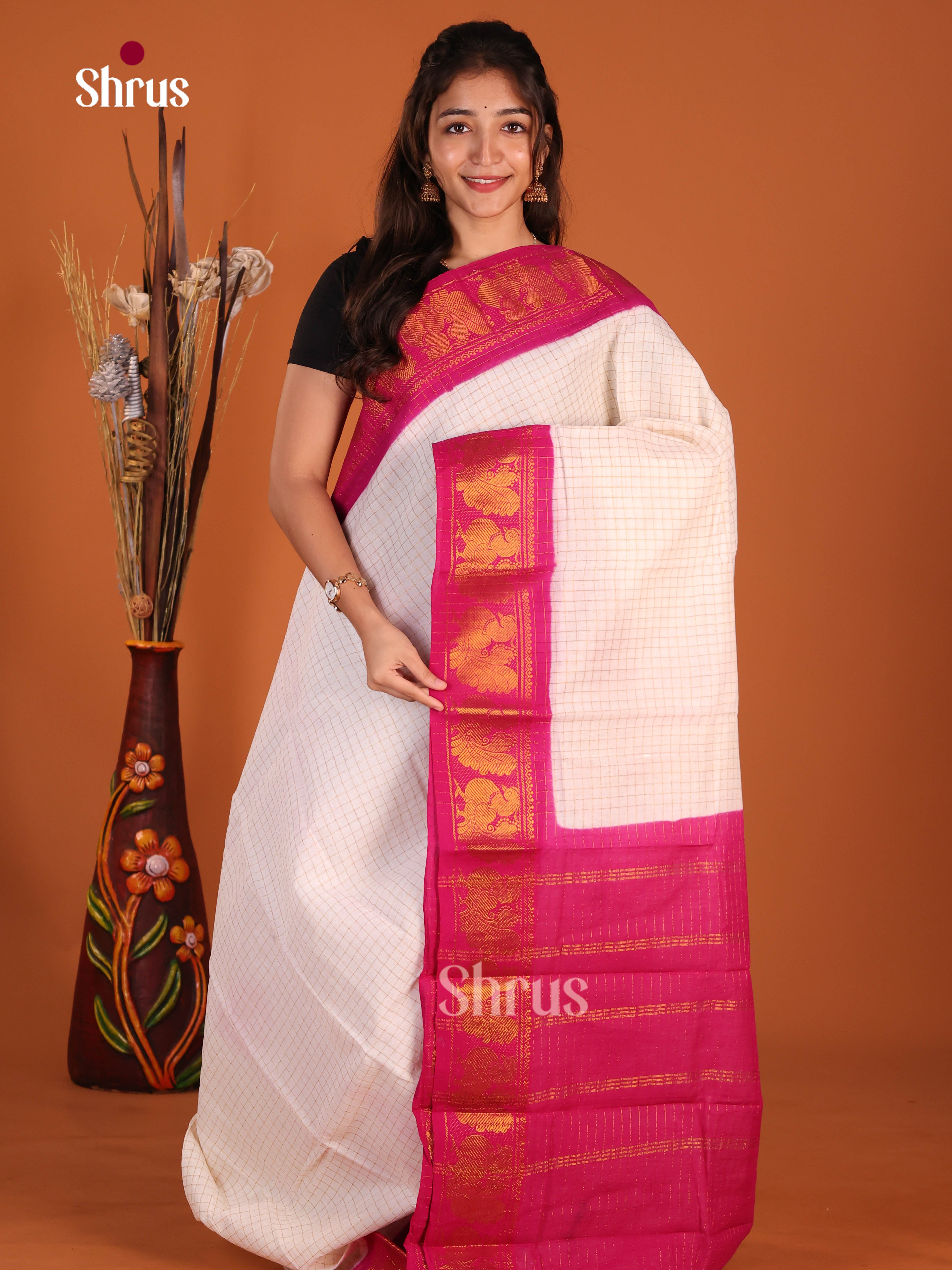 Cream & Pink - Sungudi Cotton Saree - Shop on Shrus.com