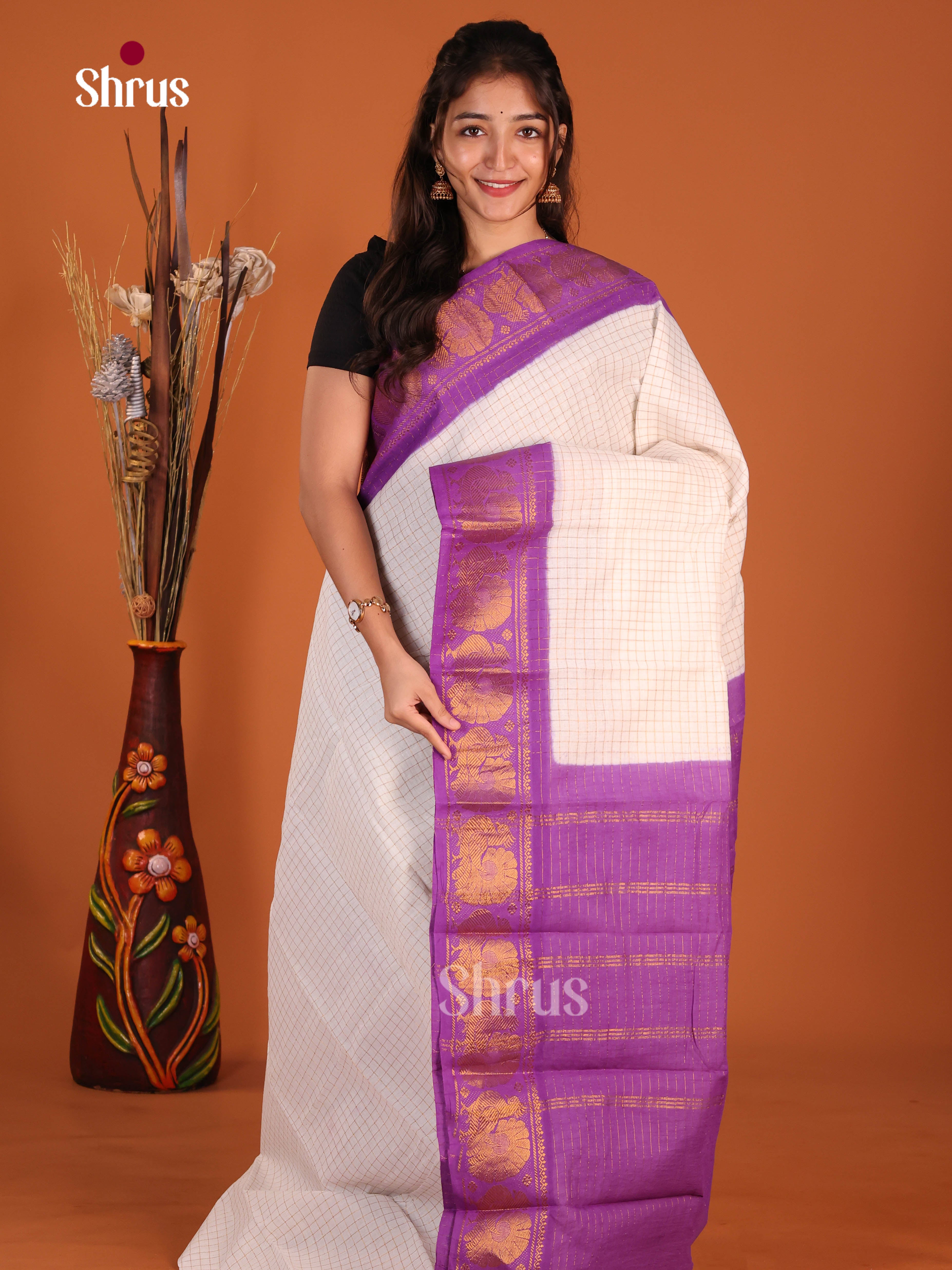 Cream & Purple - Sungudi Cotton Saree - Shop on Shrus.com