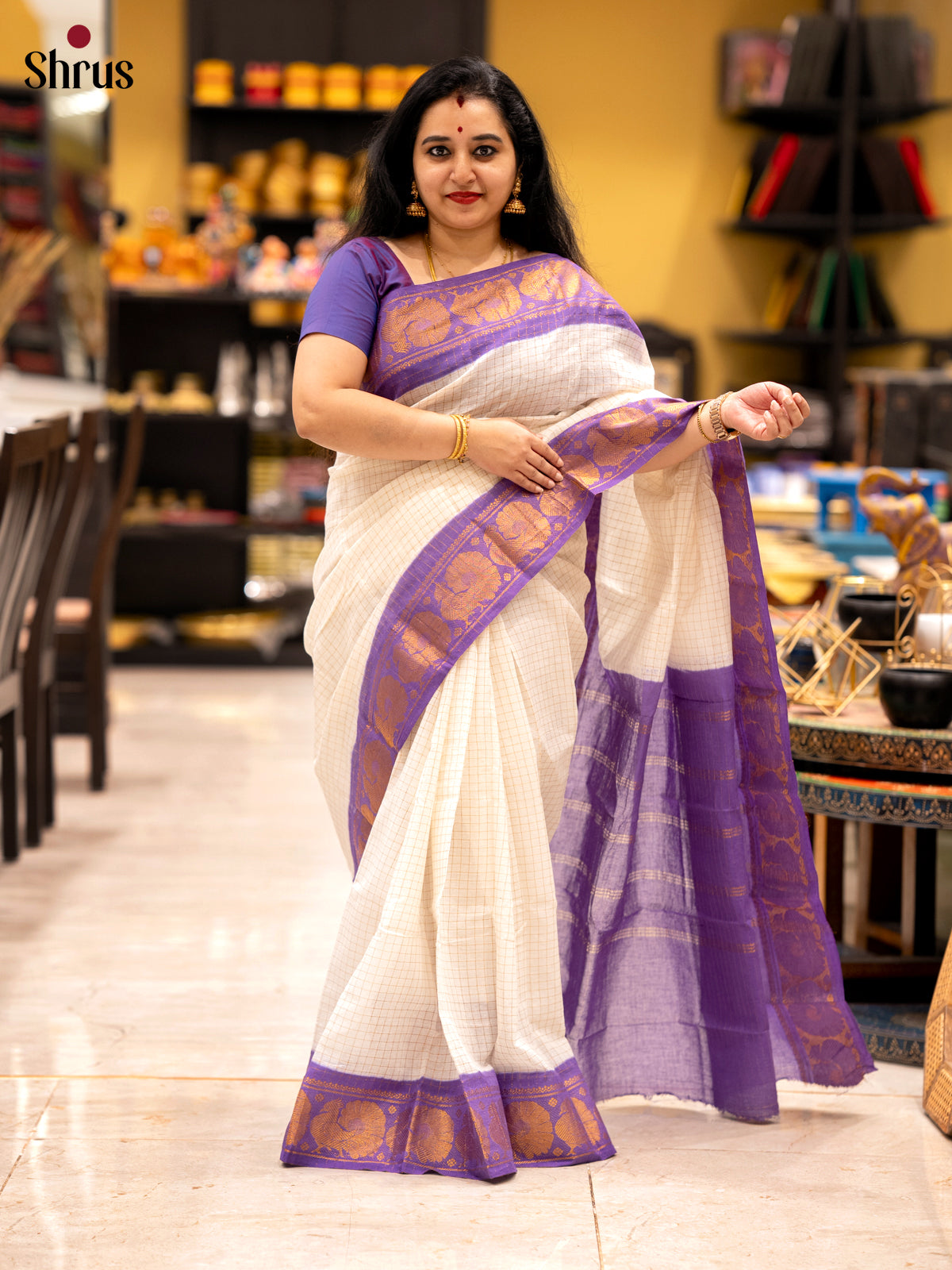 Cream & Purple - Sungudi Cotton Saree - Shop on Shrus.com