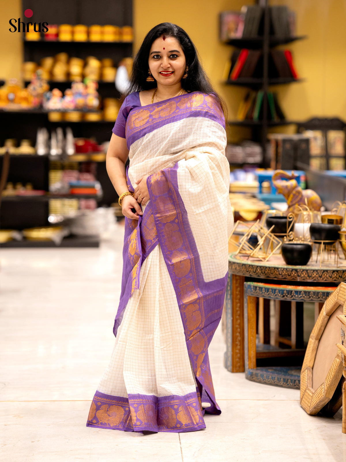 Cream & Purple - Sungudi Cotton Saree - Shop on Shrus.com
