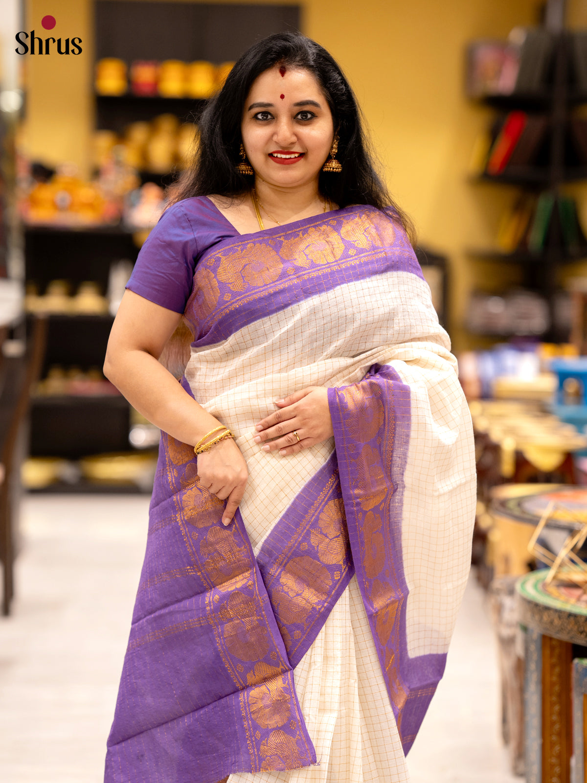 Cream & Purple - Sungudi Cotton Saree - Shop on Shrus.com
