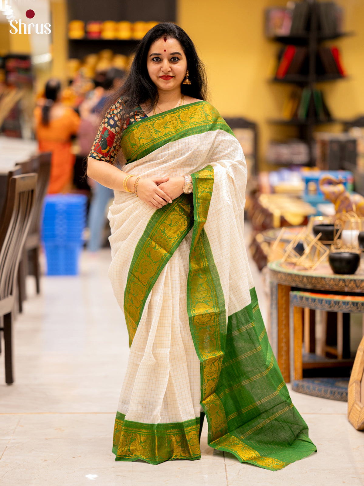 Cream & Green - Sungudi Cotton Saree