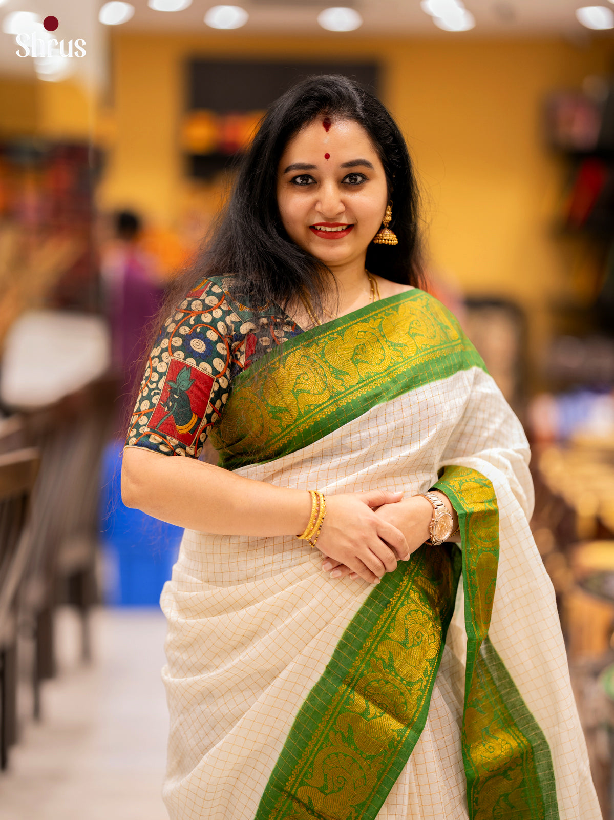 Cream & Green - Sungudi Cotton Saree