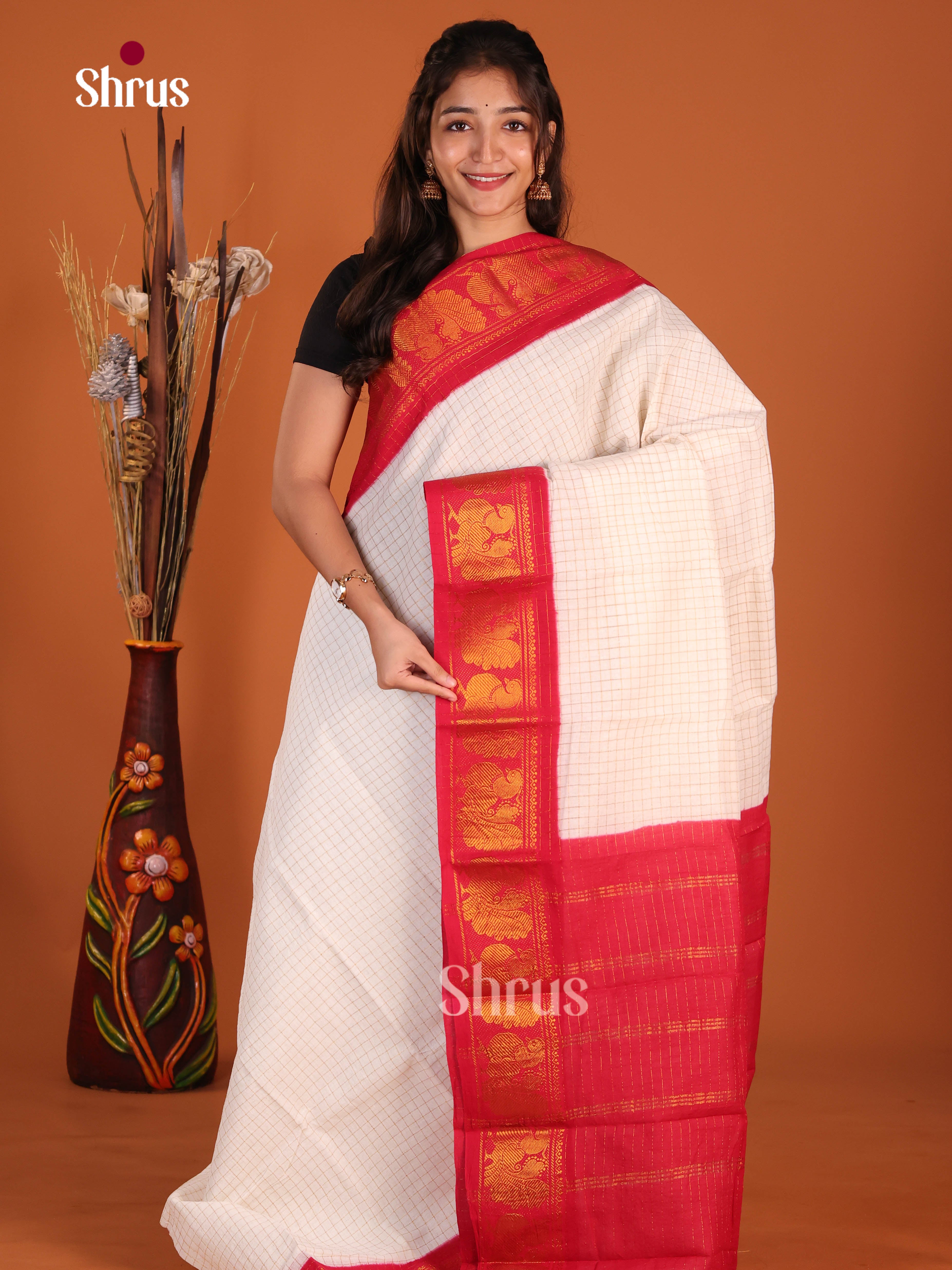 Cream & Red - Sungudi Cotton Saree - Shop on Shrus.com