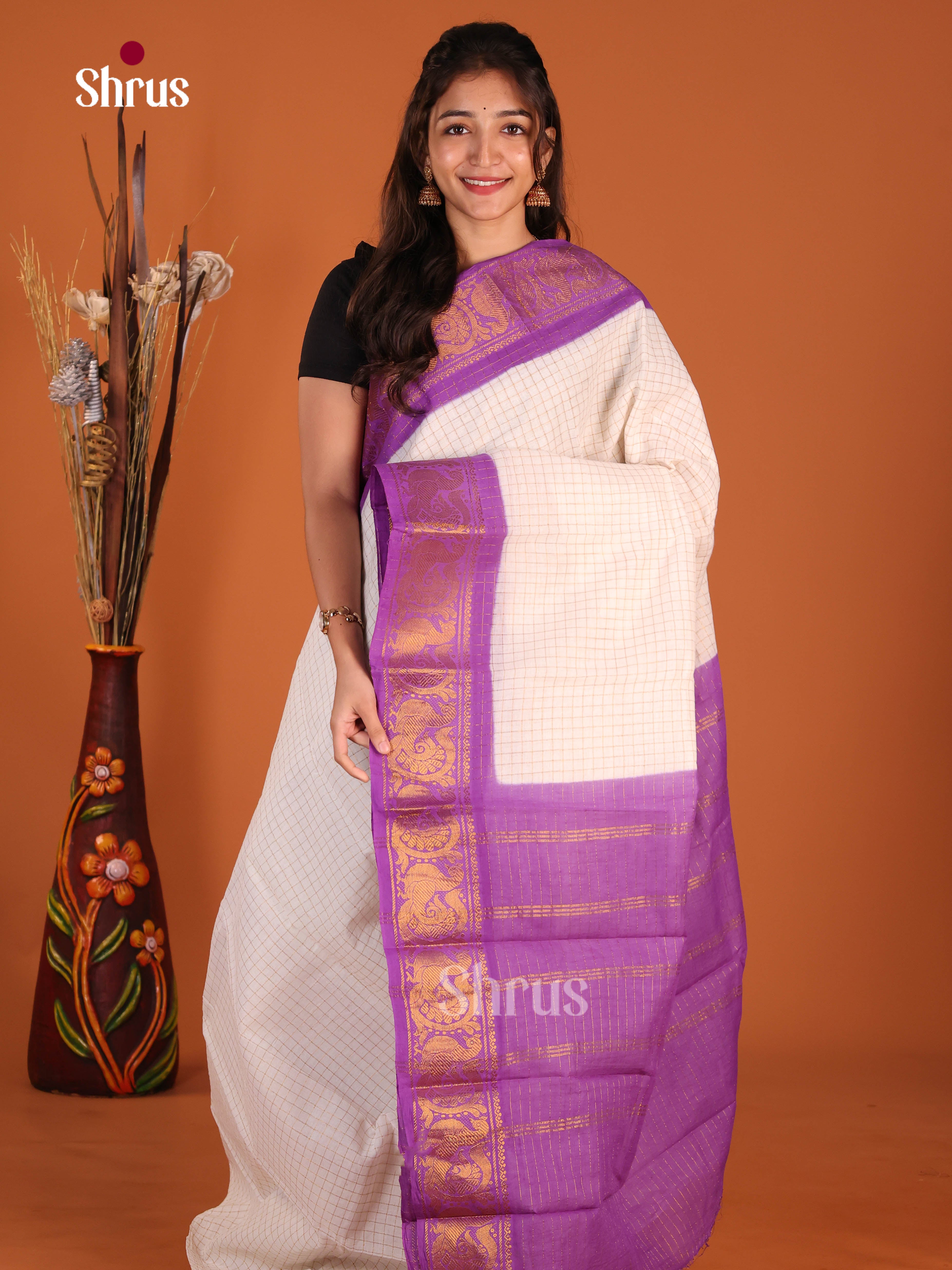 Cream & Purple - Sungudi Cotton Saree - Shop on Shrus.com