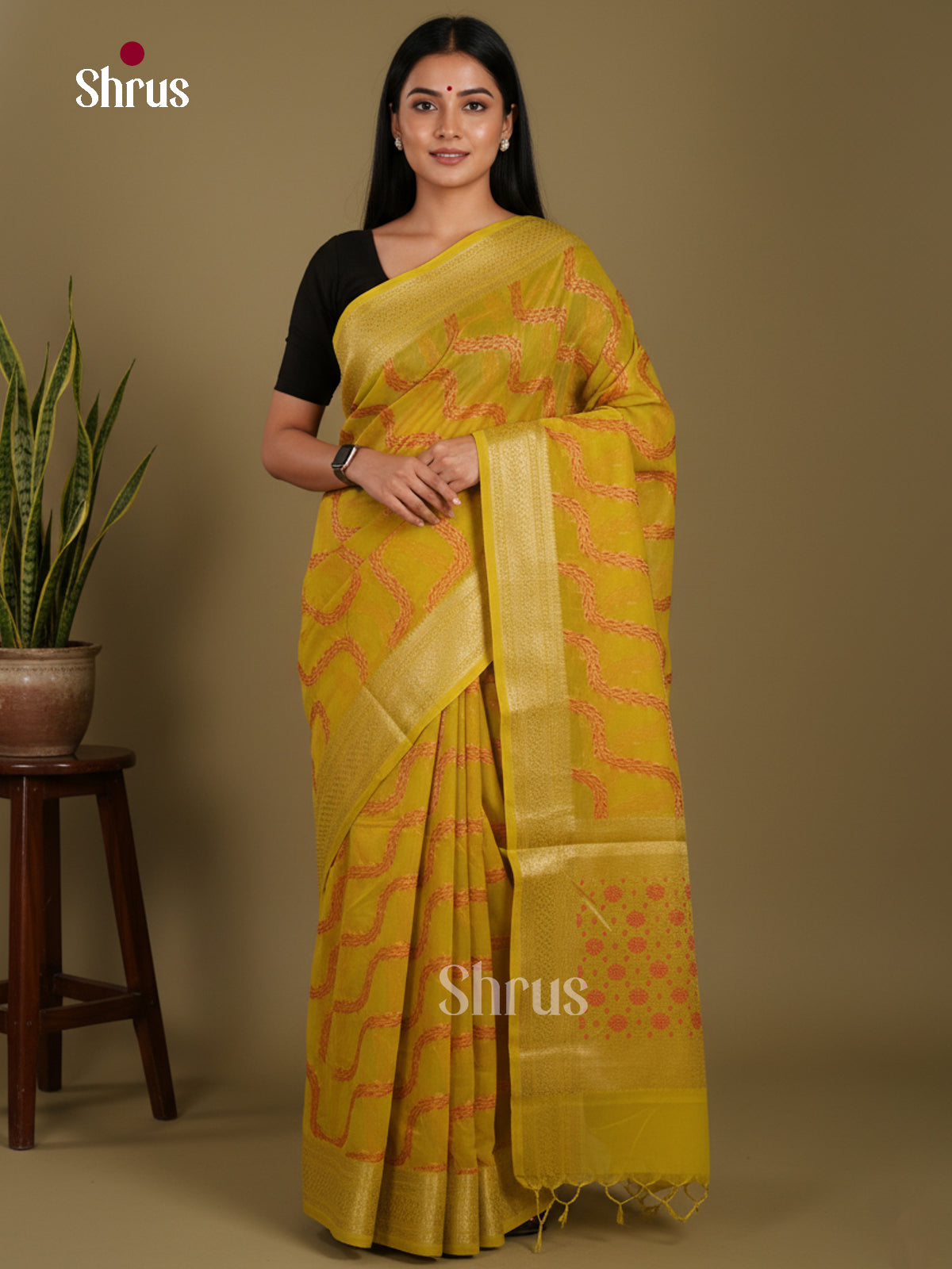 Mustardy Green- Semi Georgette Saree