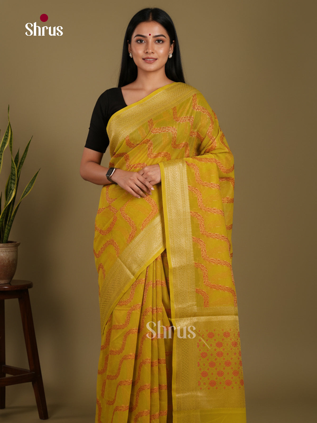Mustardy Green- Semi Georgette Saree