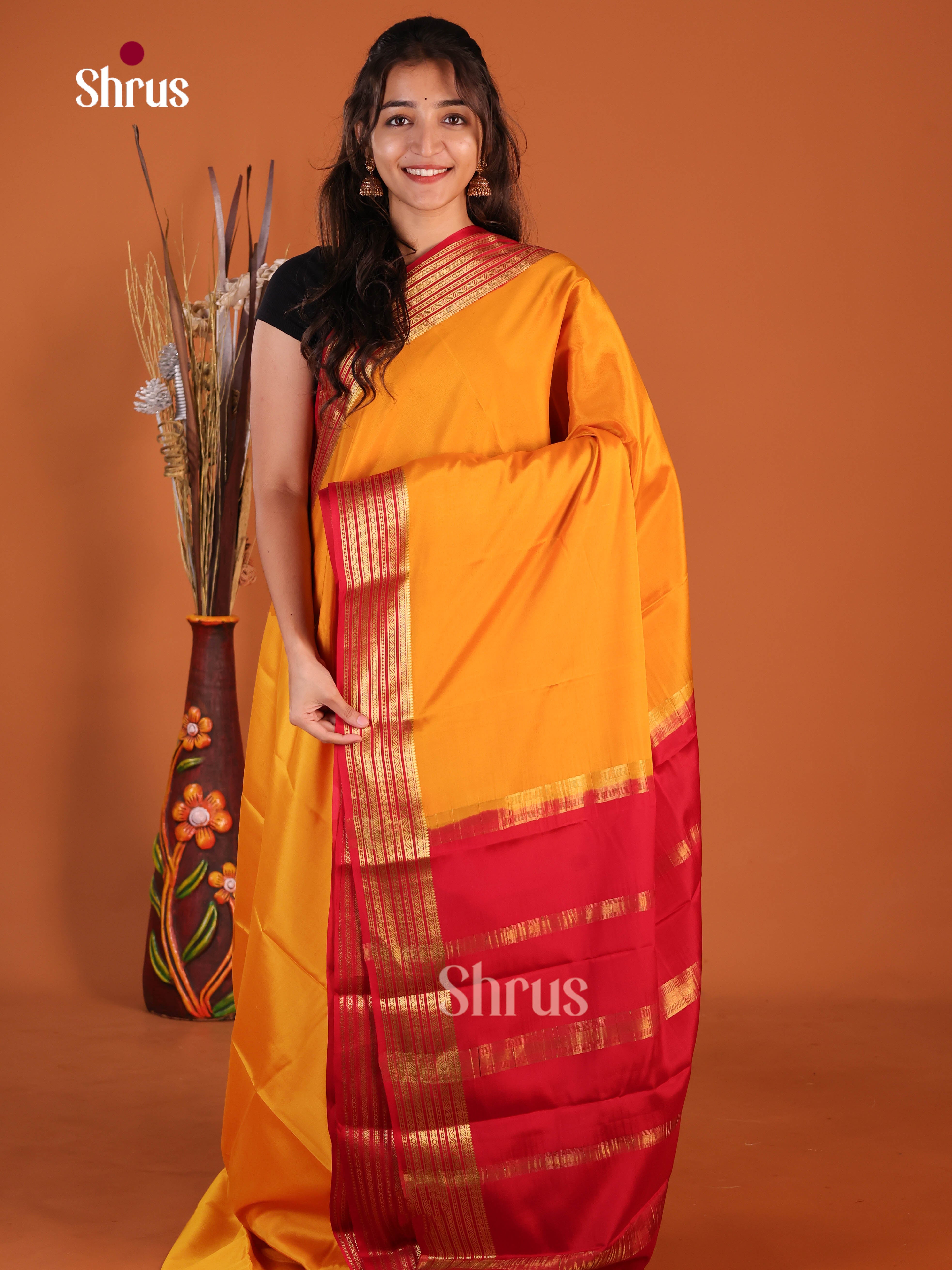 bright yellow red Mysore Silk Saree