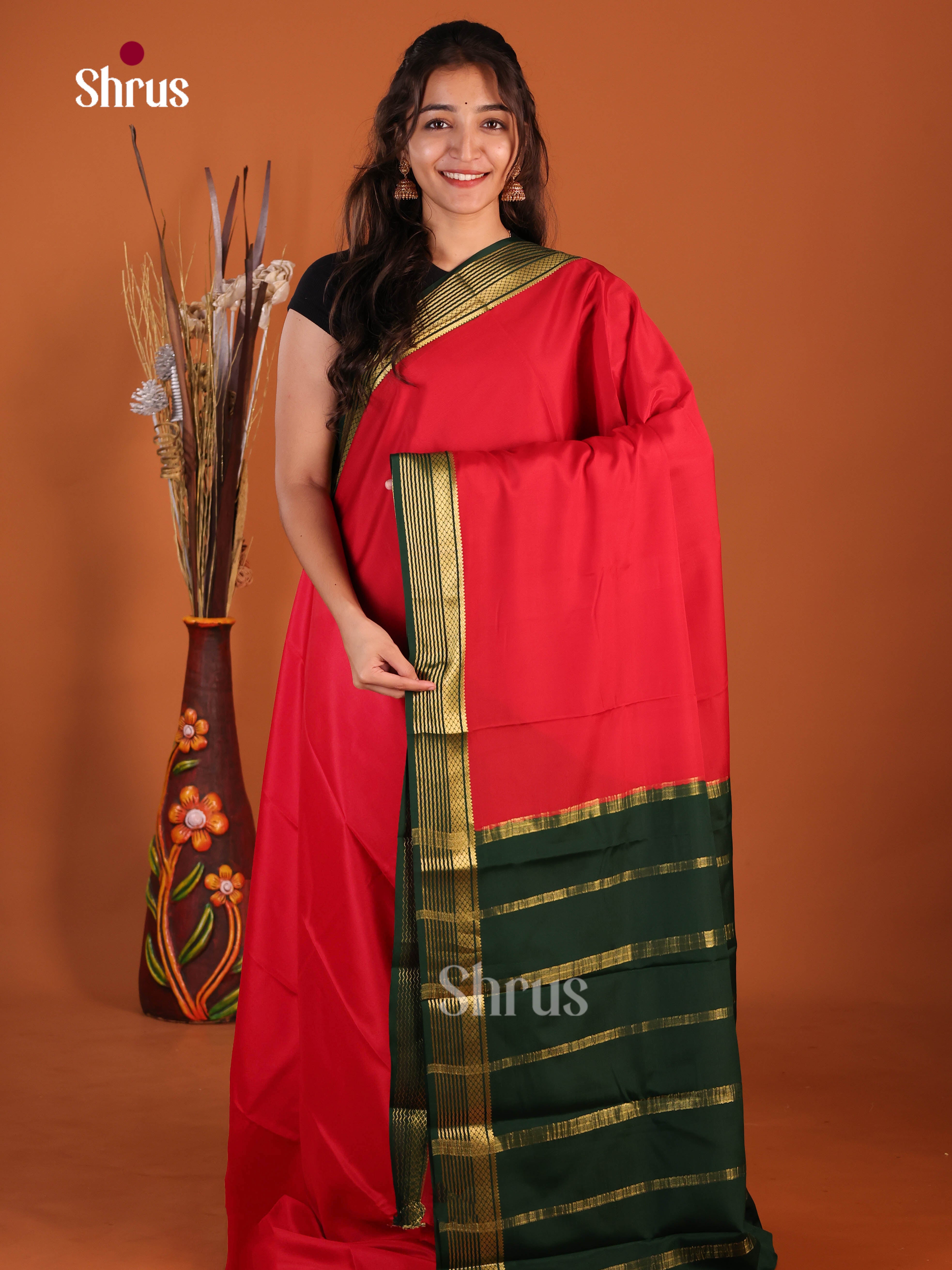 plain red green Mysore Silk Saree
