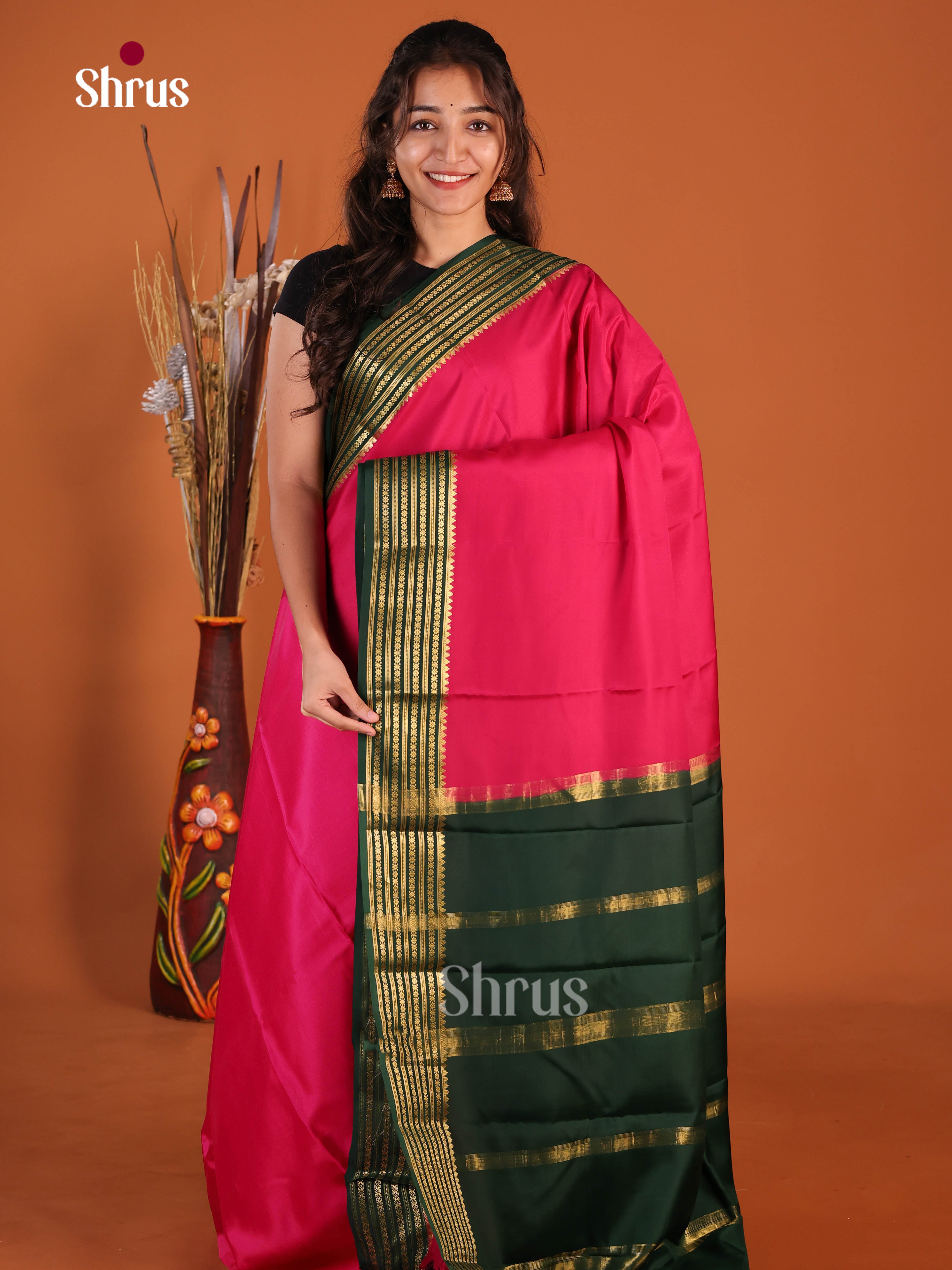 Radiant Pink & Green Mysore Silk Saree with traditional zari stripes pallu