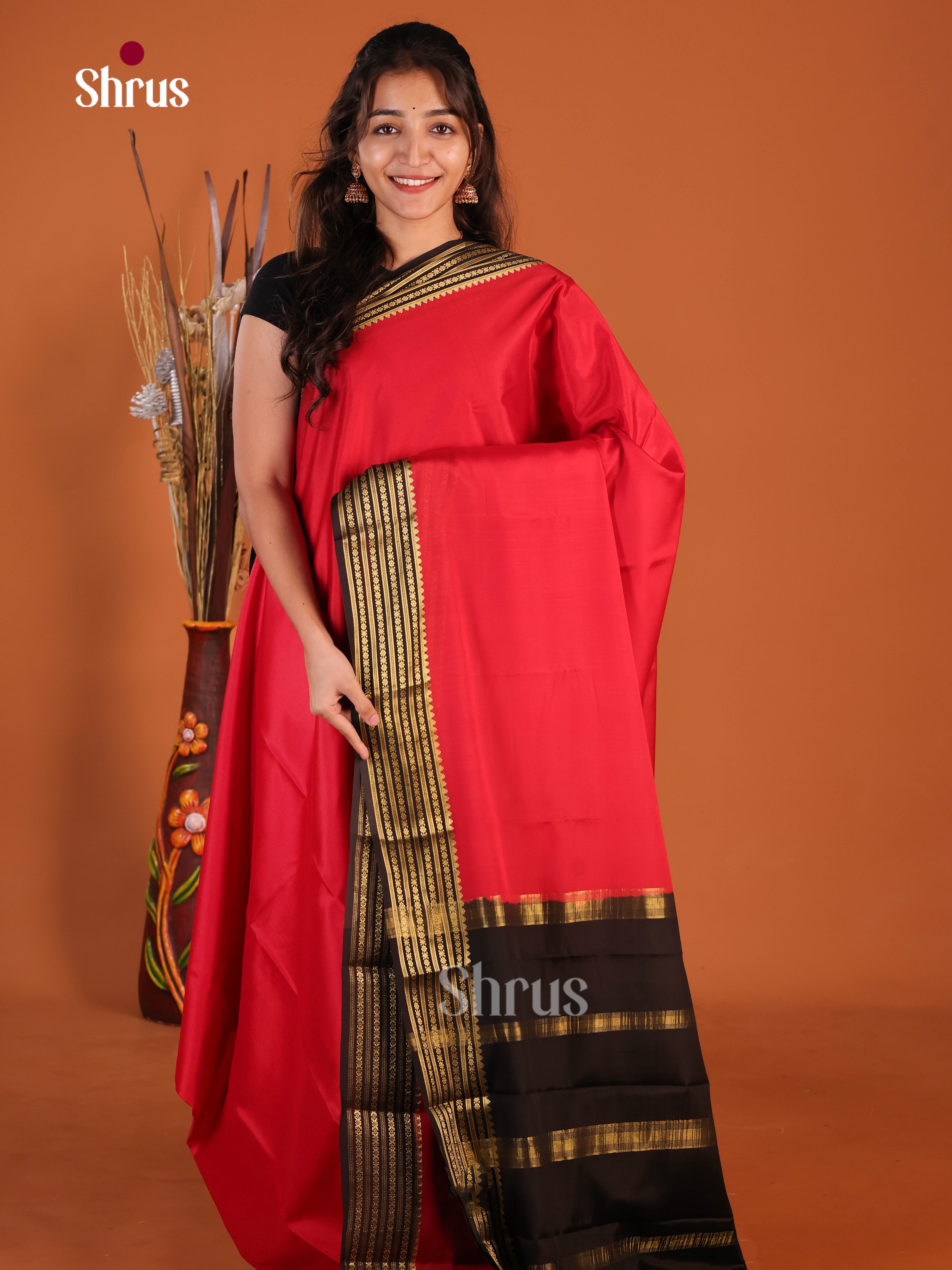 Regal Red & Black Mysore Silk Saree with rich traditional zari stripes