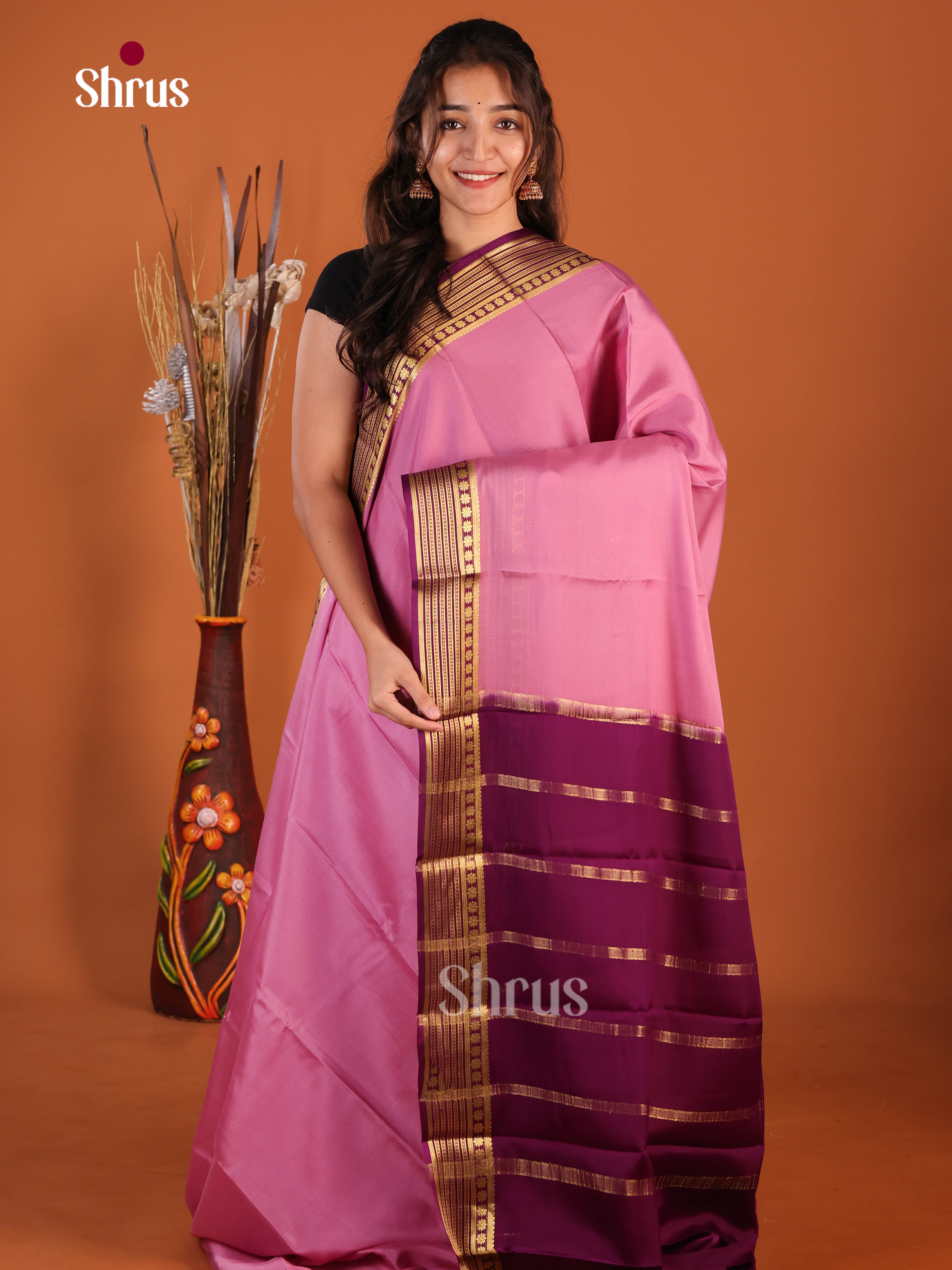 Beautiful Pink & Violet Mysore Silk Saree with contrast zari border