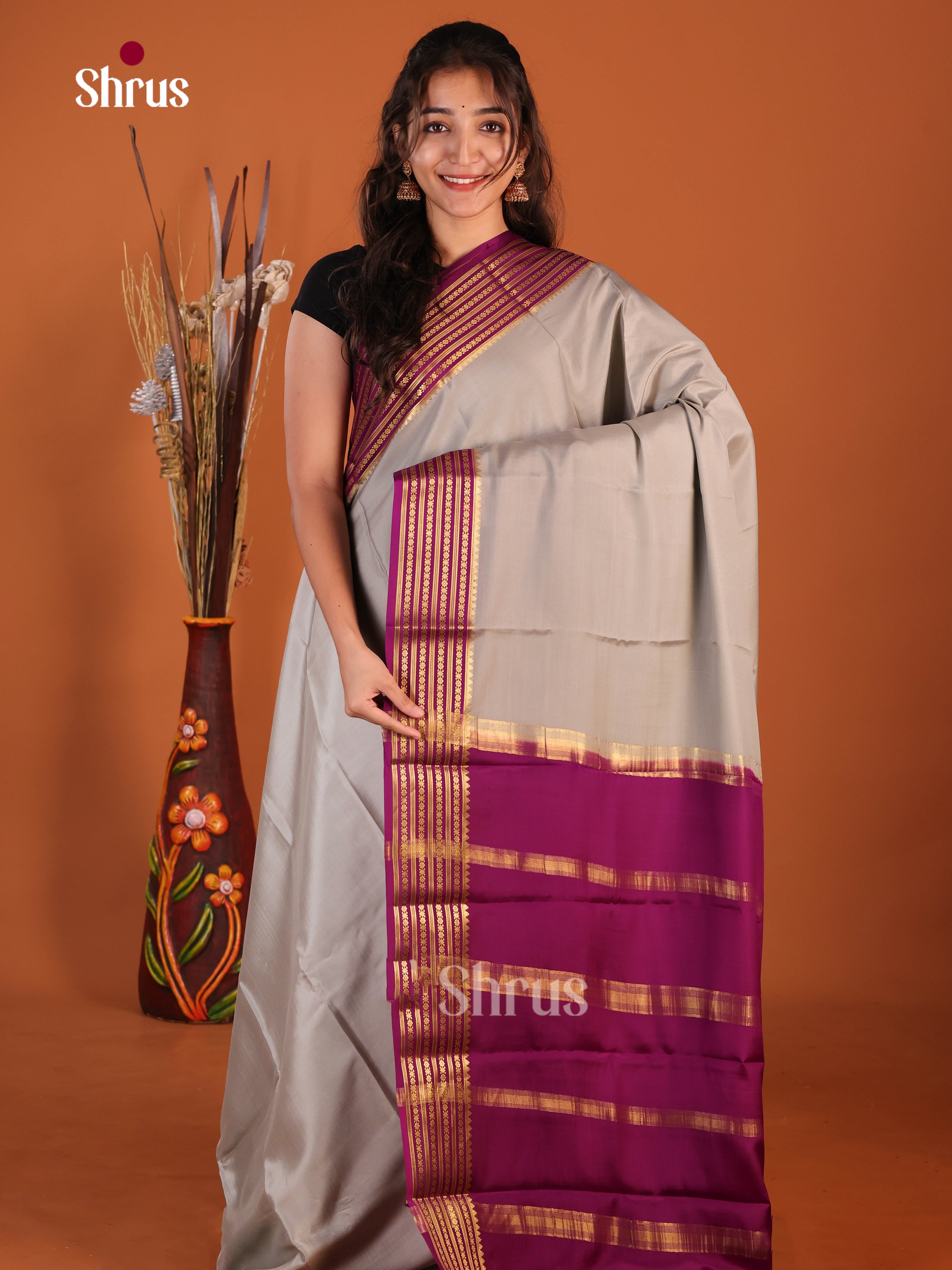 grey marron zari border Mysore Silk Saree