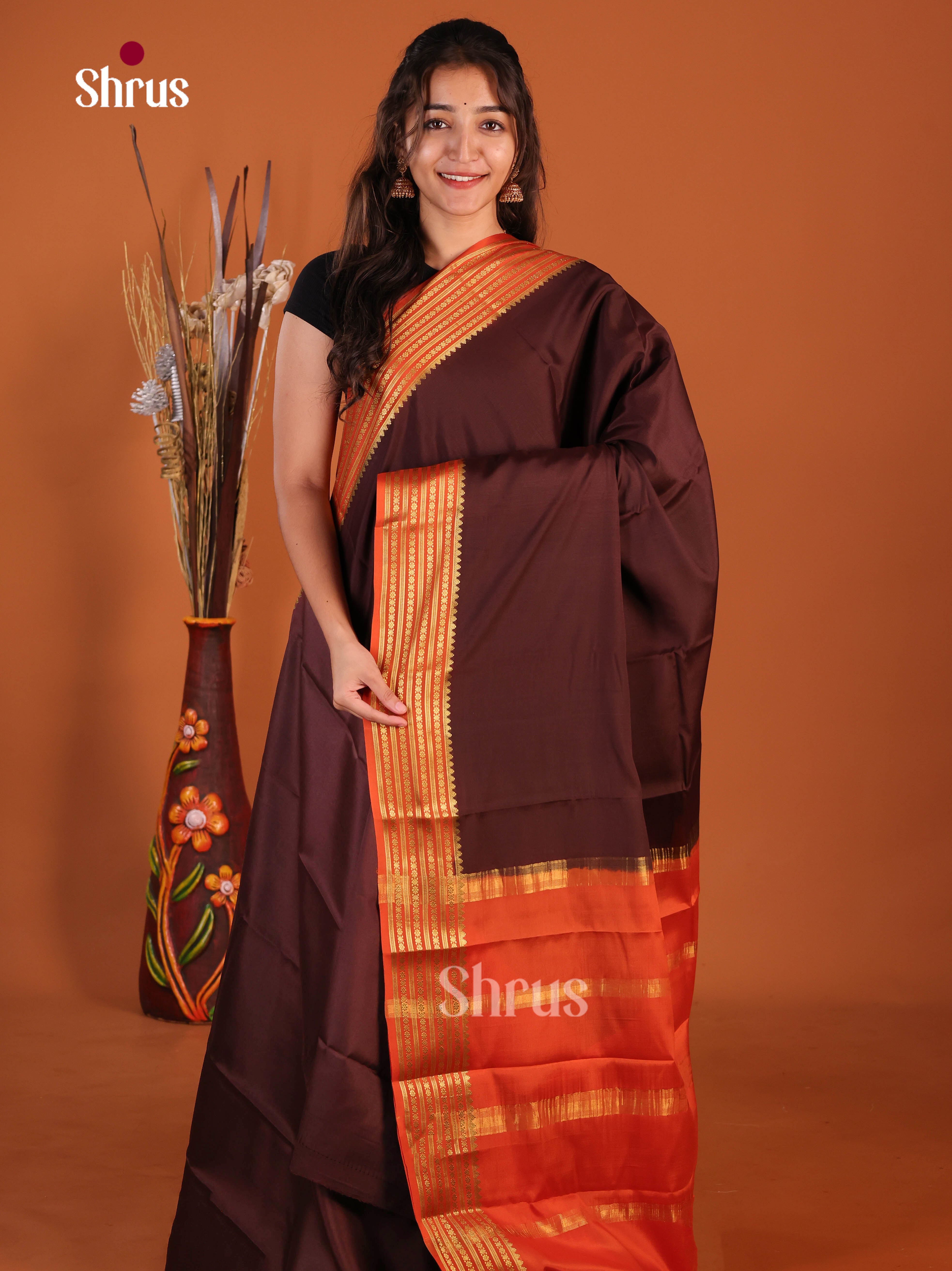 bright brown orange Mysore Silk Saree