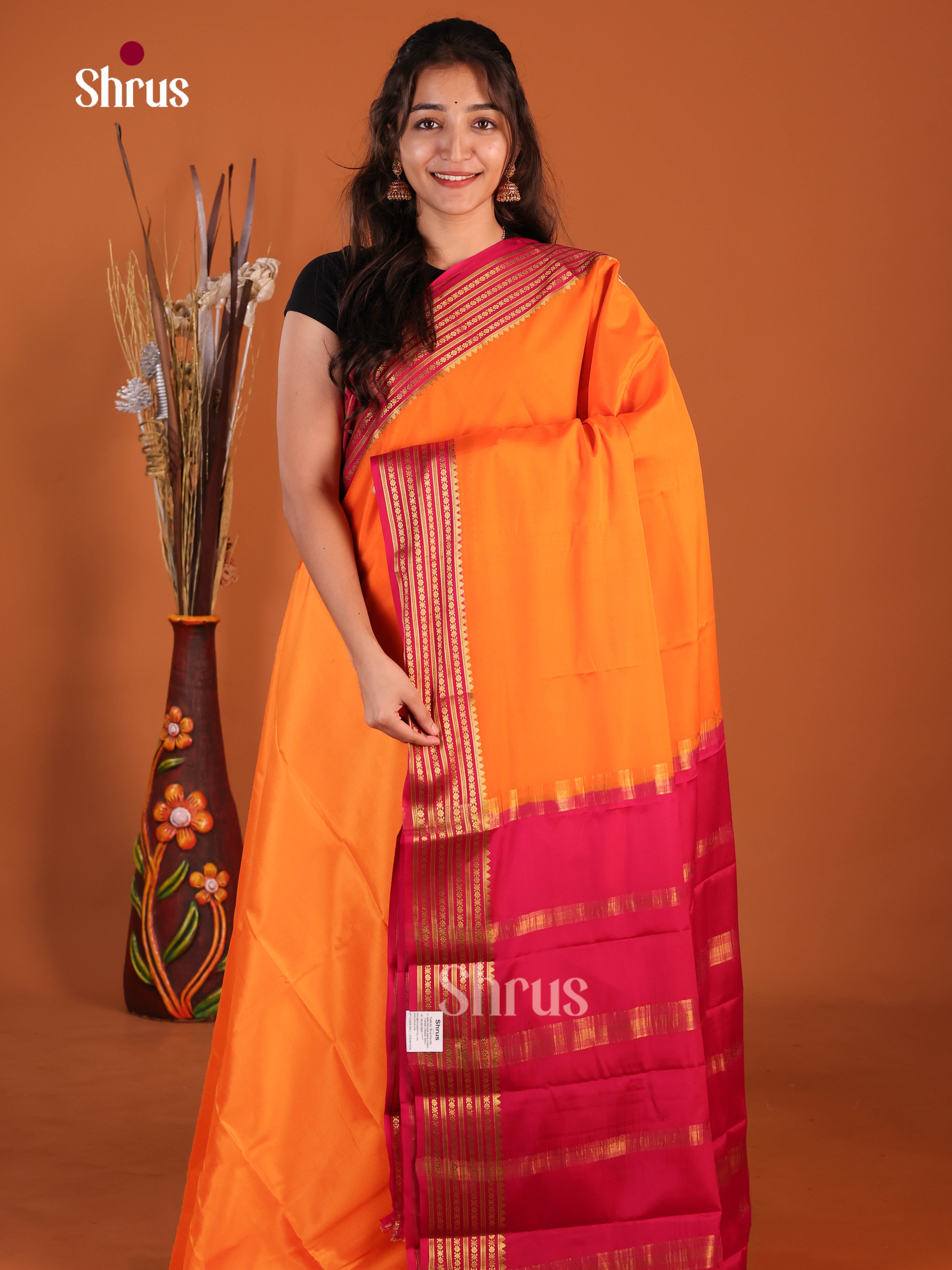 Pretty Orange & Red Mysore Silk Saree with rich zari border