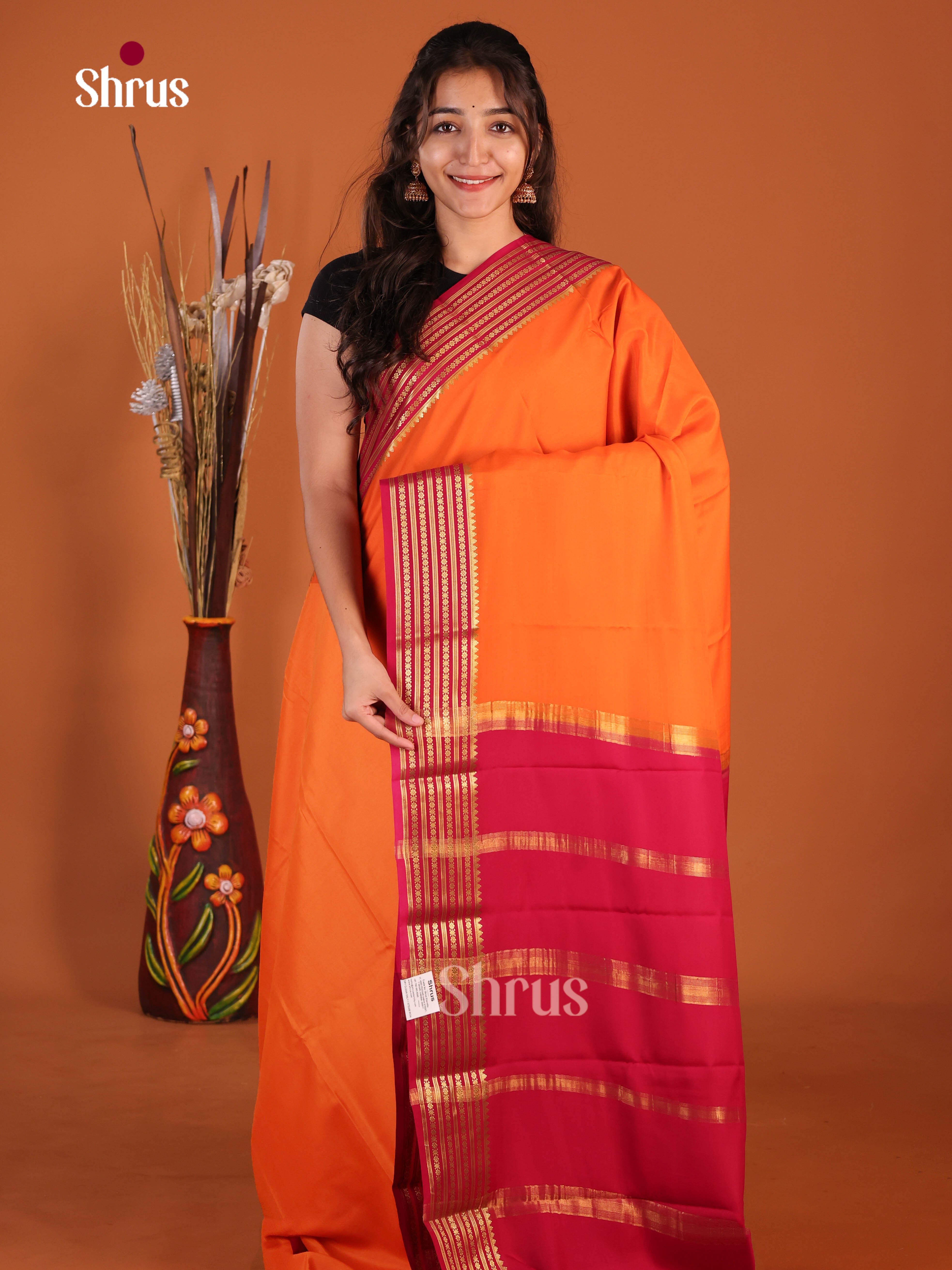 orange red gold zari border Mysore Silk Saree