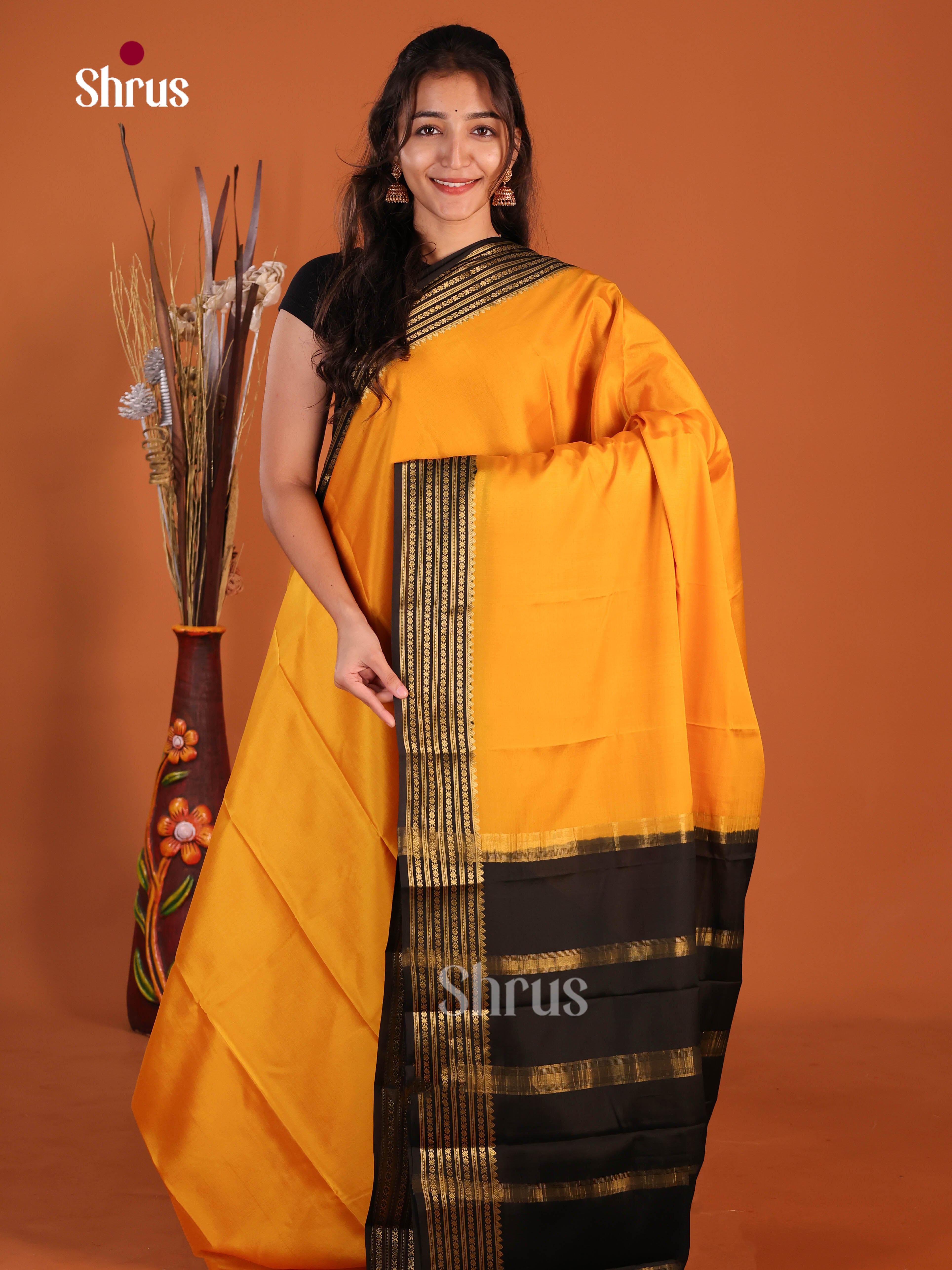 yellow black Mysore Silk Saree