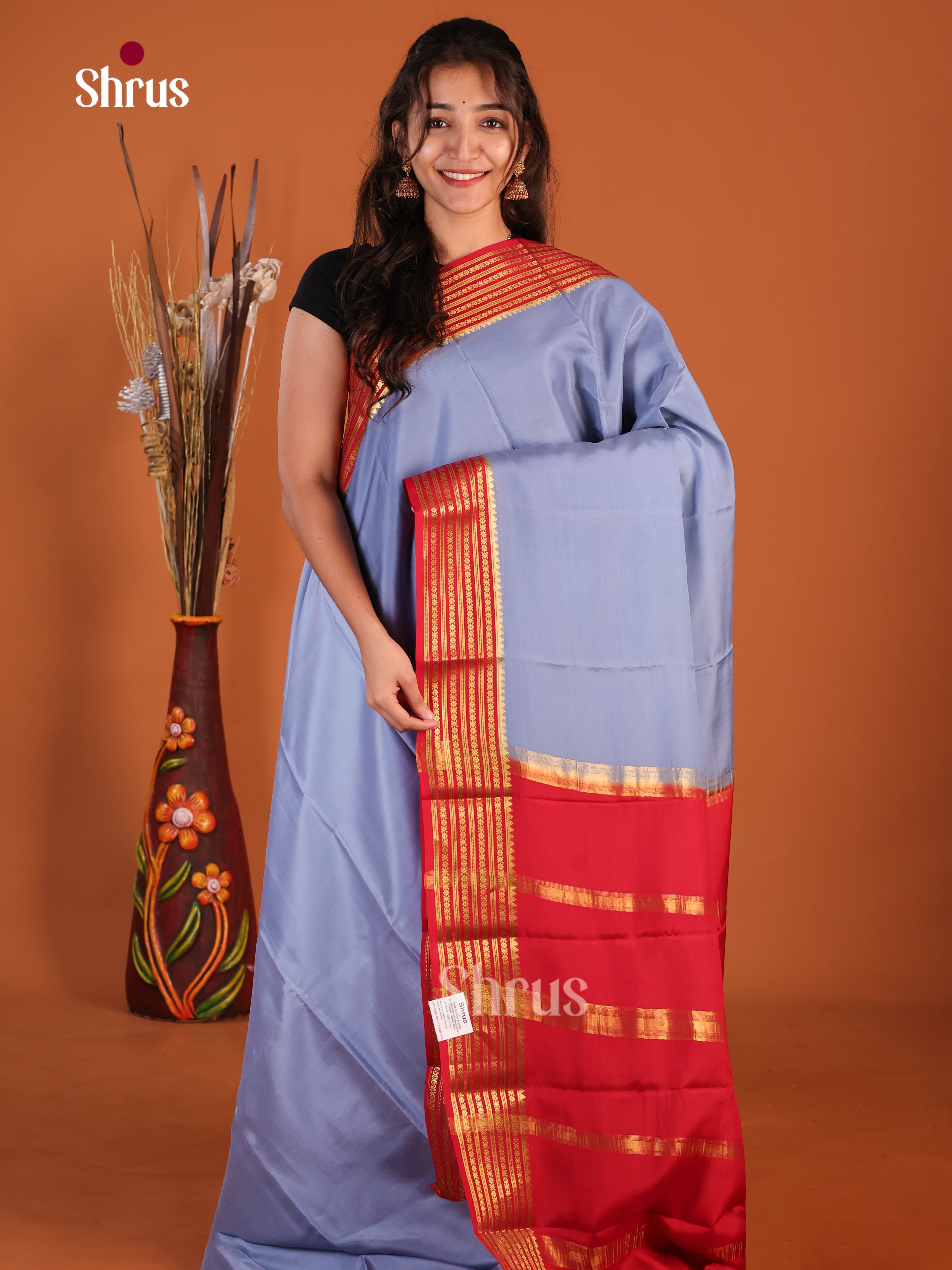 Elegant Blue & Red Mysore Silk Saree with contrast zari border - Shop on Shrus.com