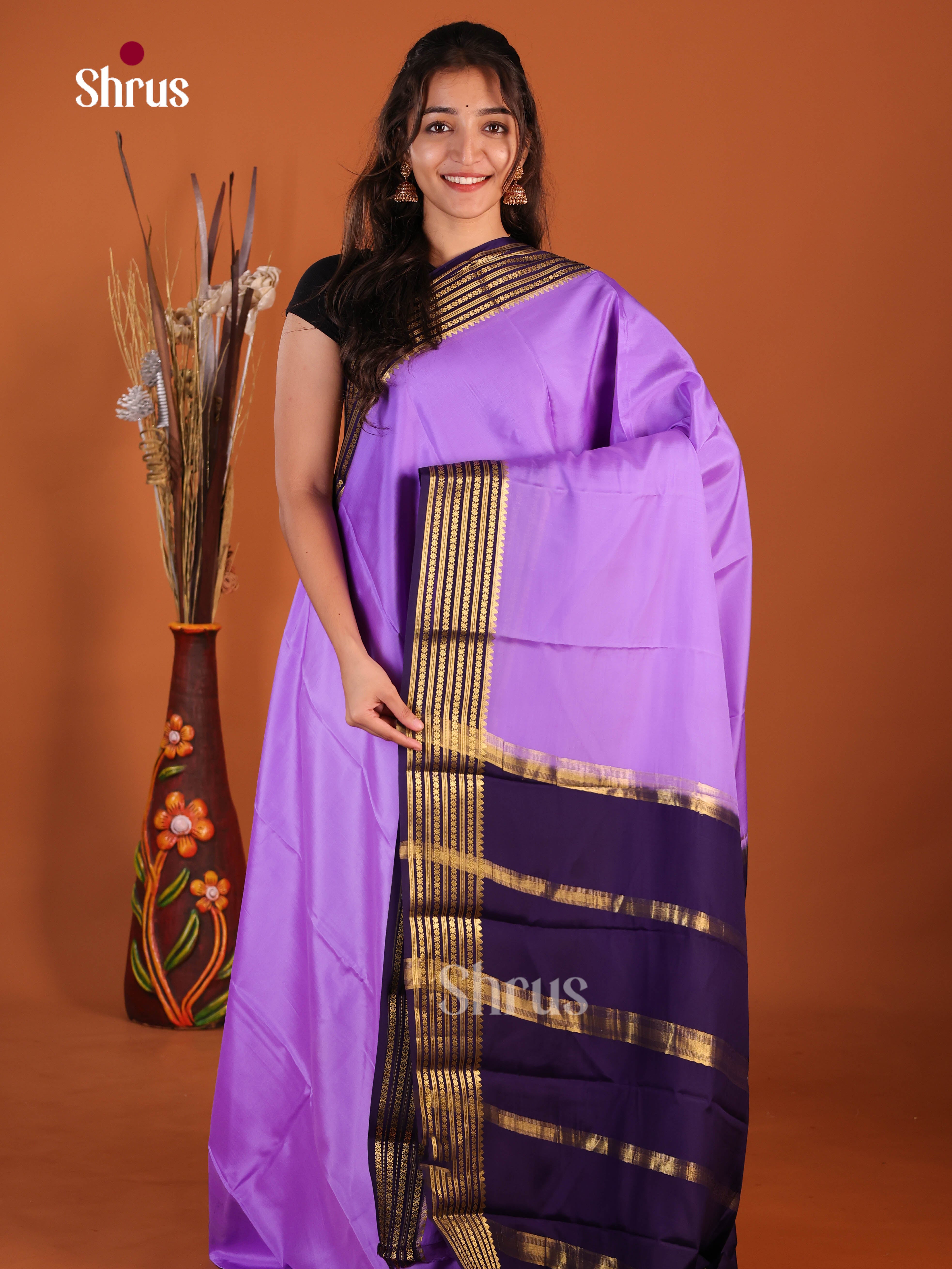 Charming Lilac & Blue Mysore Silk Saree with traditional zari border