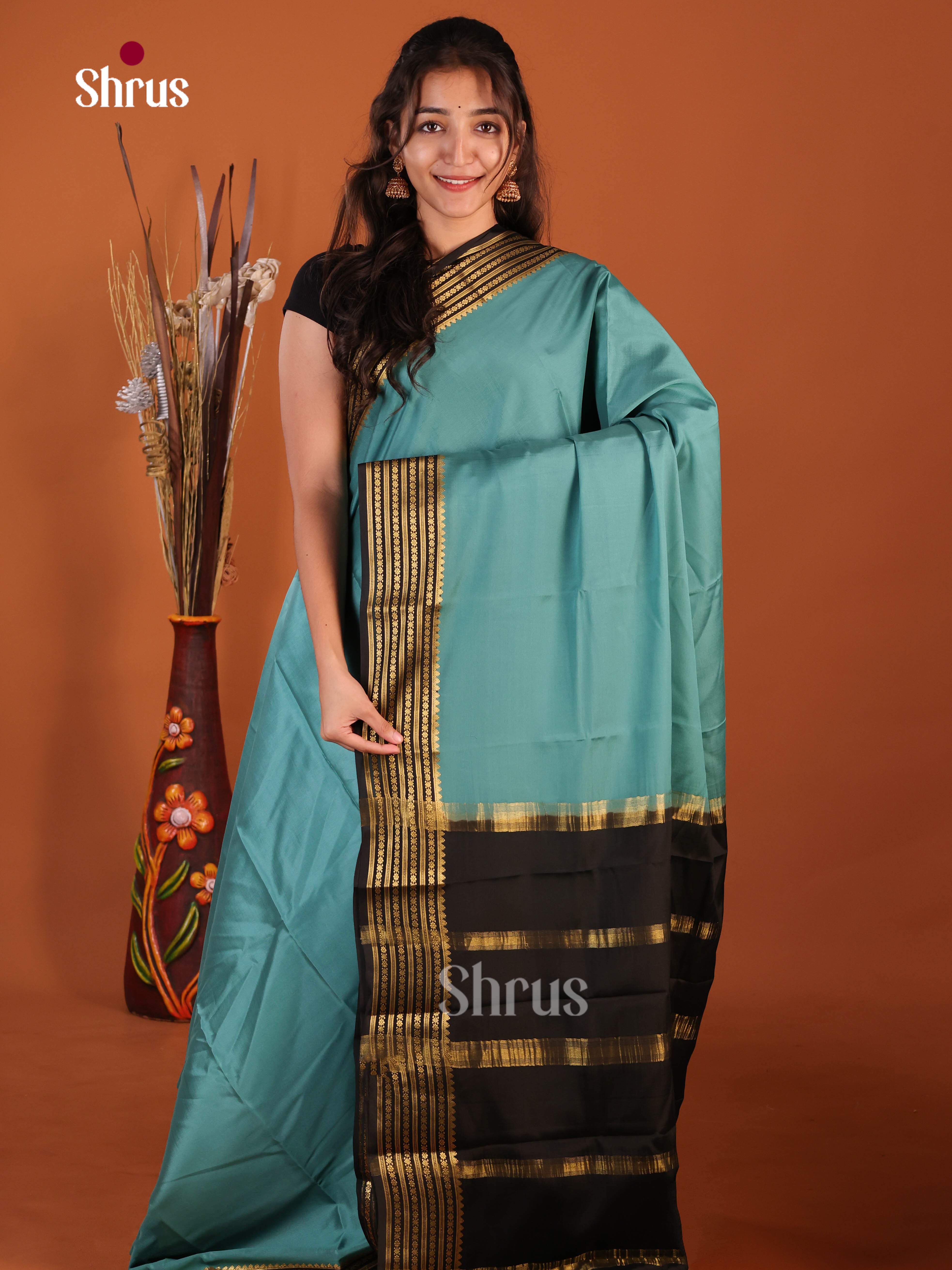 Regal Pastel Blue & Black Mysore Silk Saree with traditional zari striped pallu