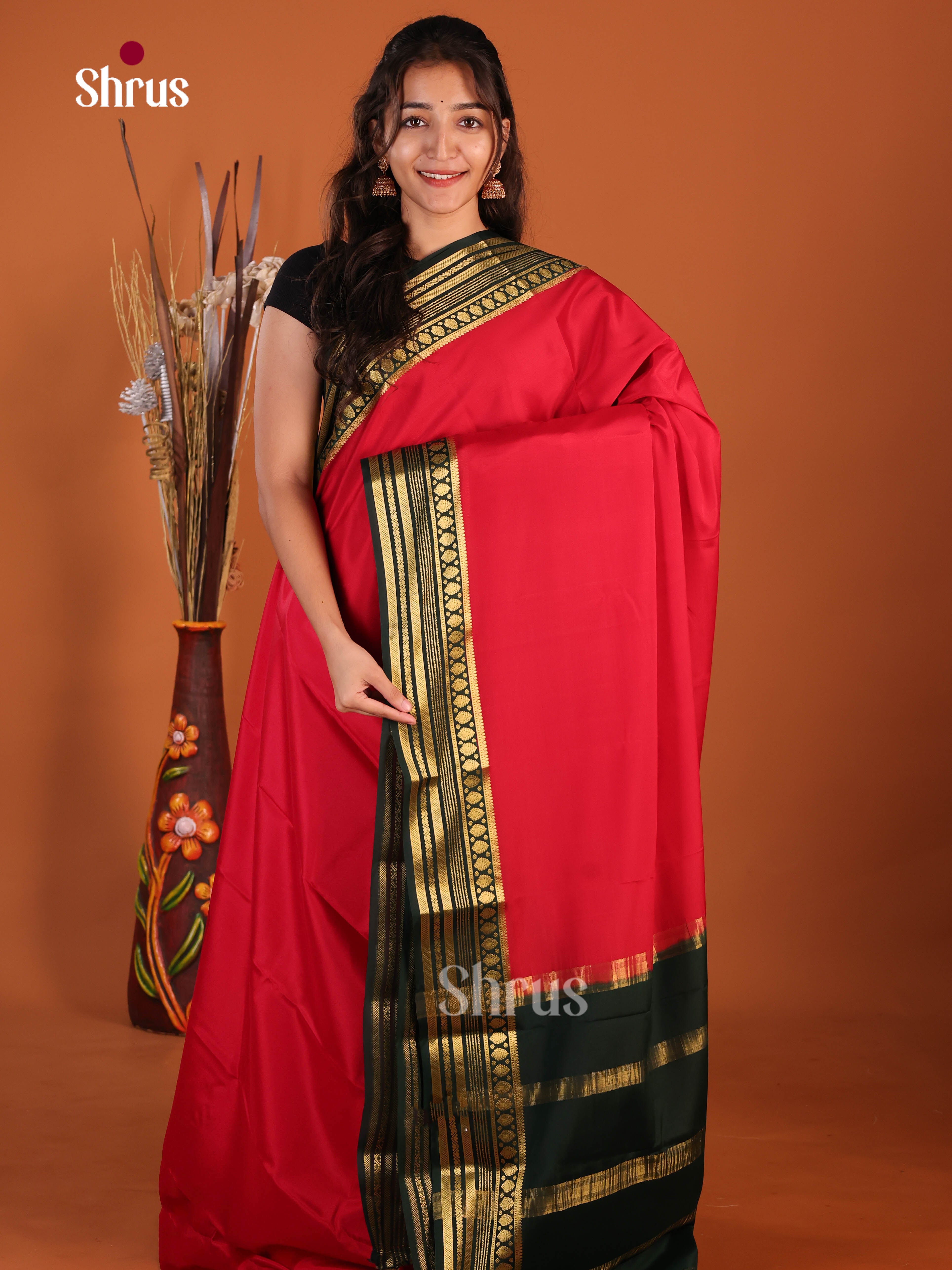 plain red black Mysore Silk Saree