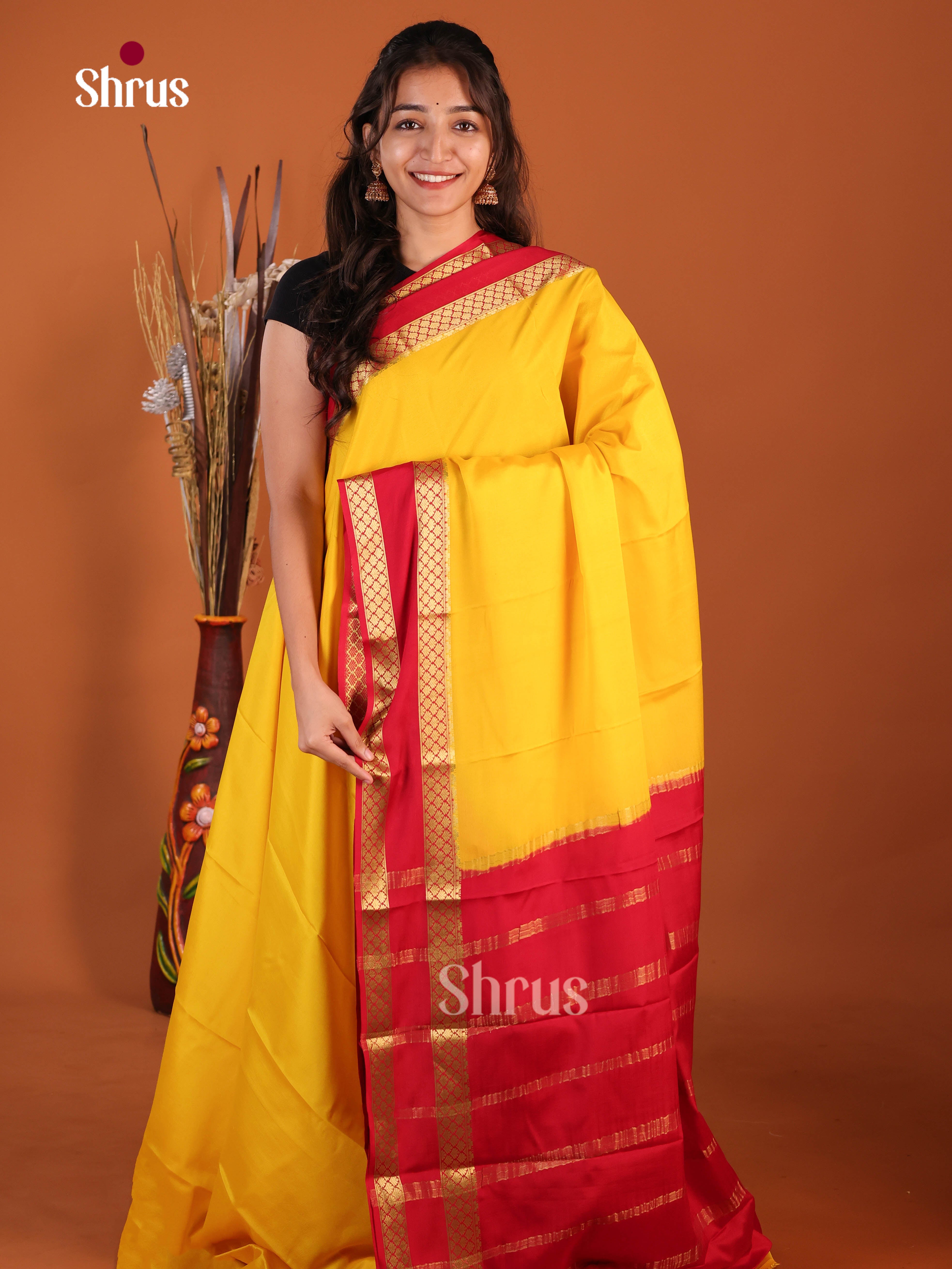 yellow red doble boarder Mysore Silk Saree