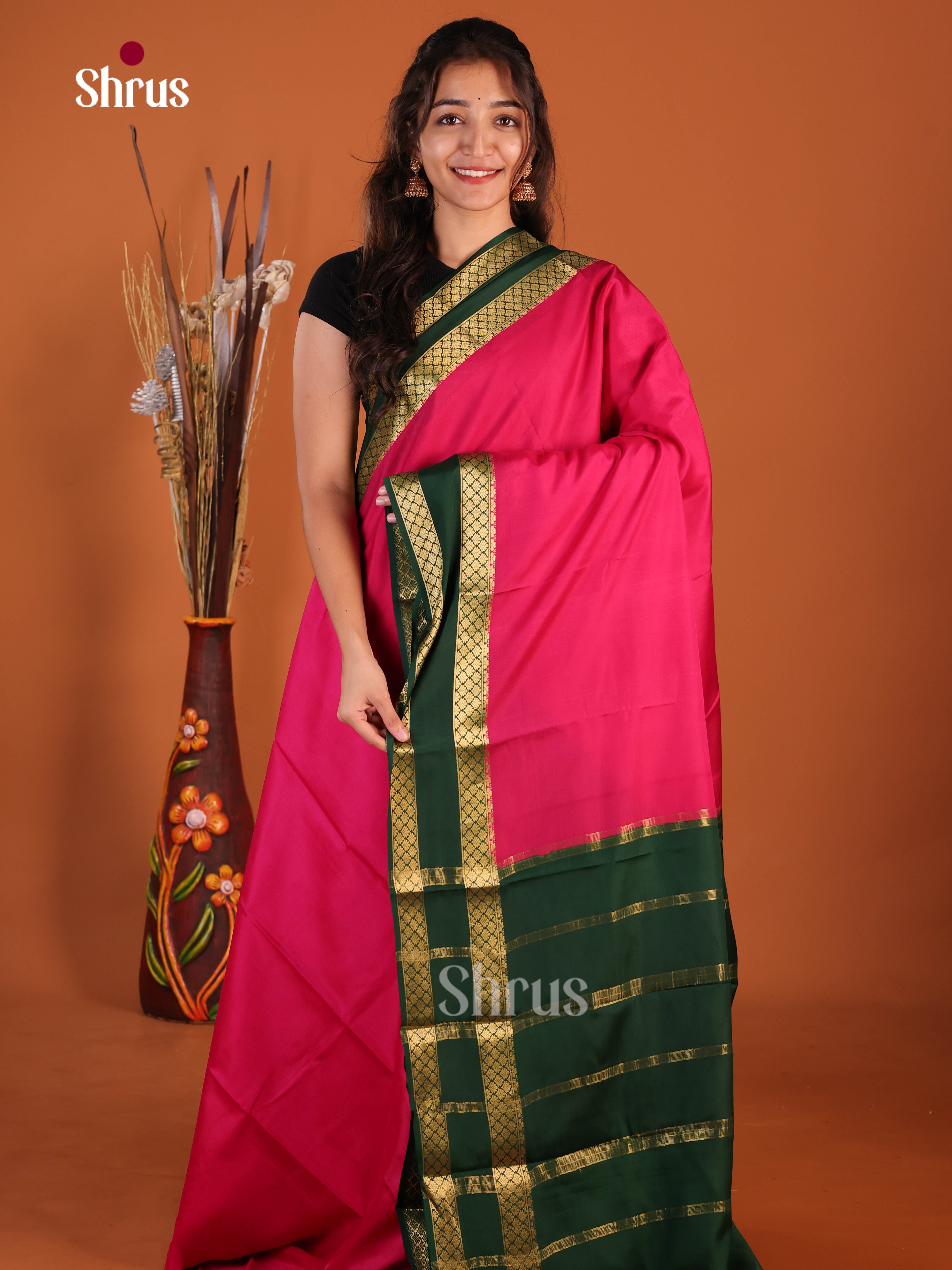 Charming Pink & Green Mysore Silk Saree with rettaipet zari border