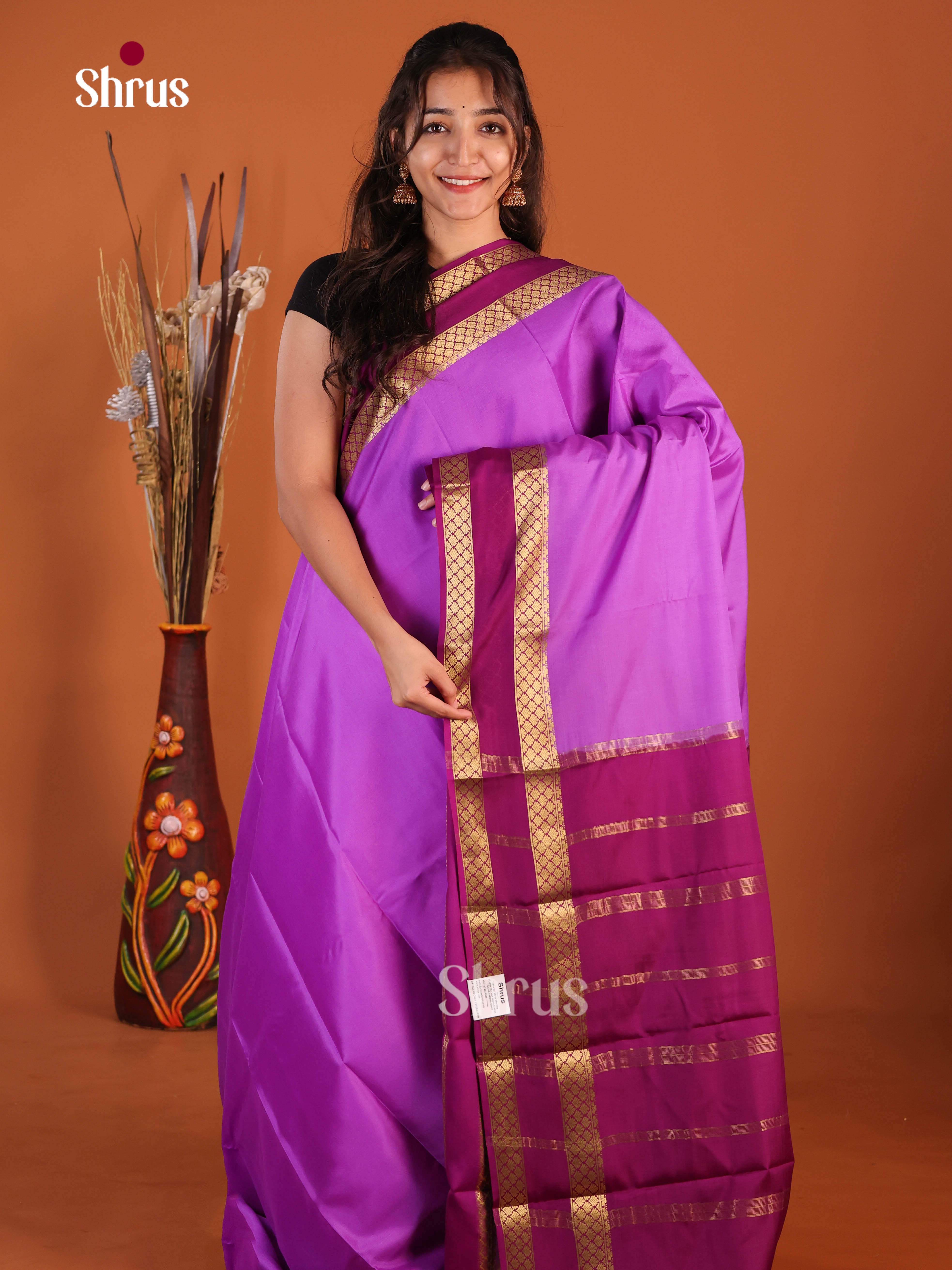 lavender majenta border Mysore Silk Saree
