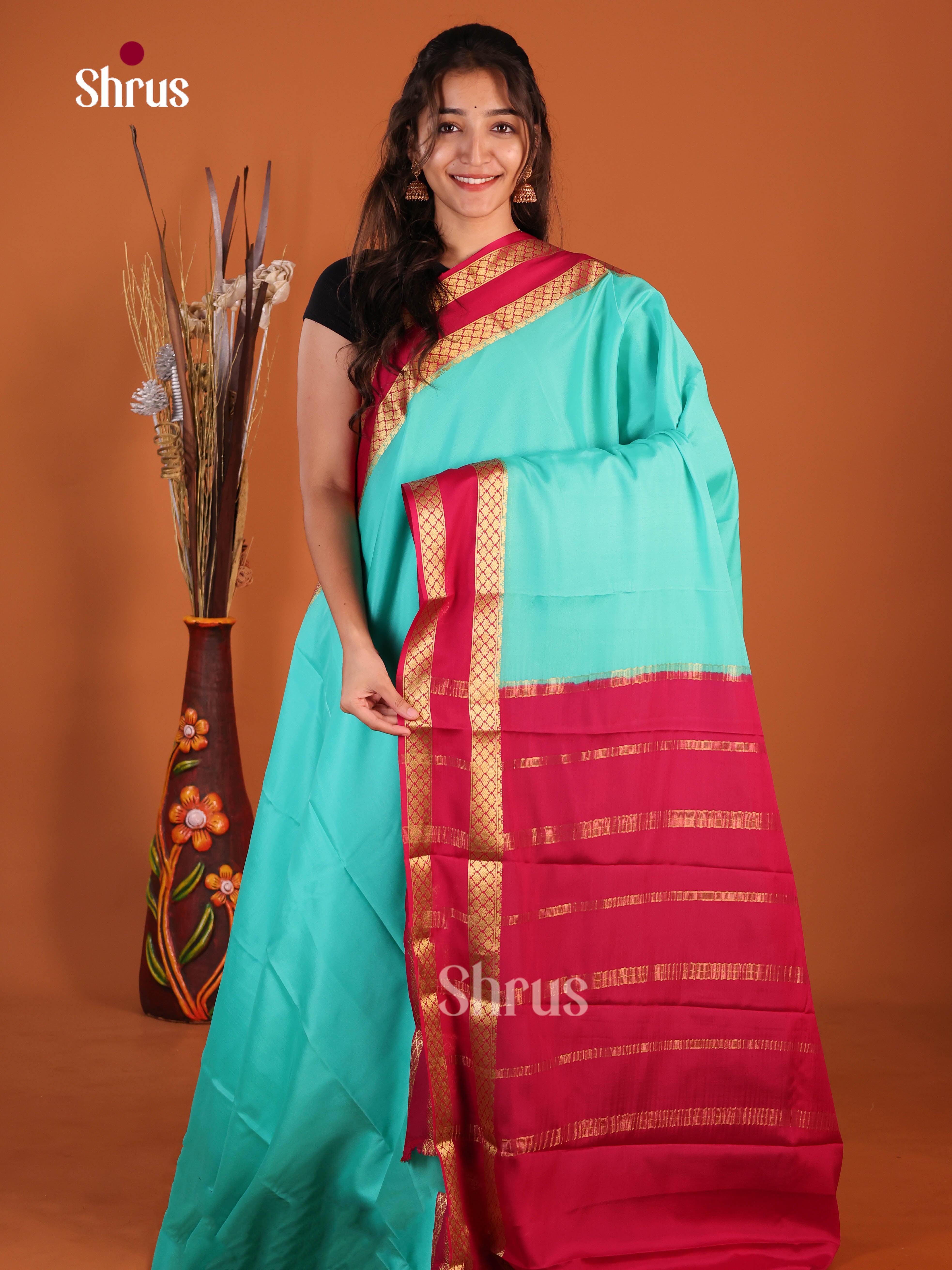 sky blue red Mysore Silk Saree