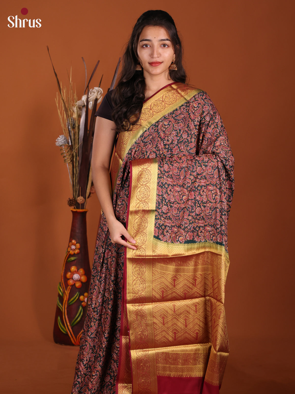 Dark Green & Red- Semi Mysoresilk Saree