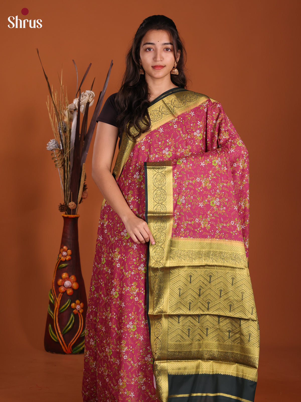 Pink & Green - Semi Mysoresilk Saree