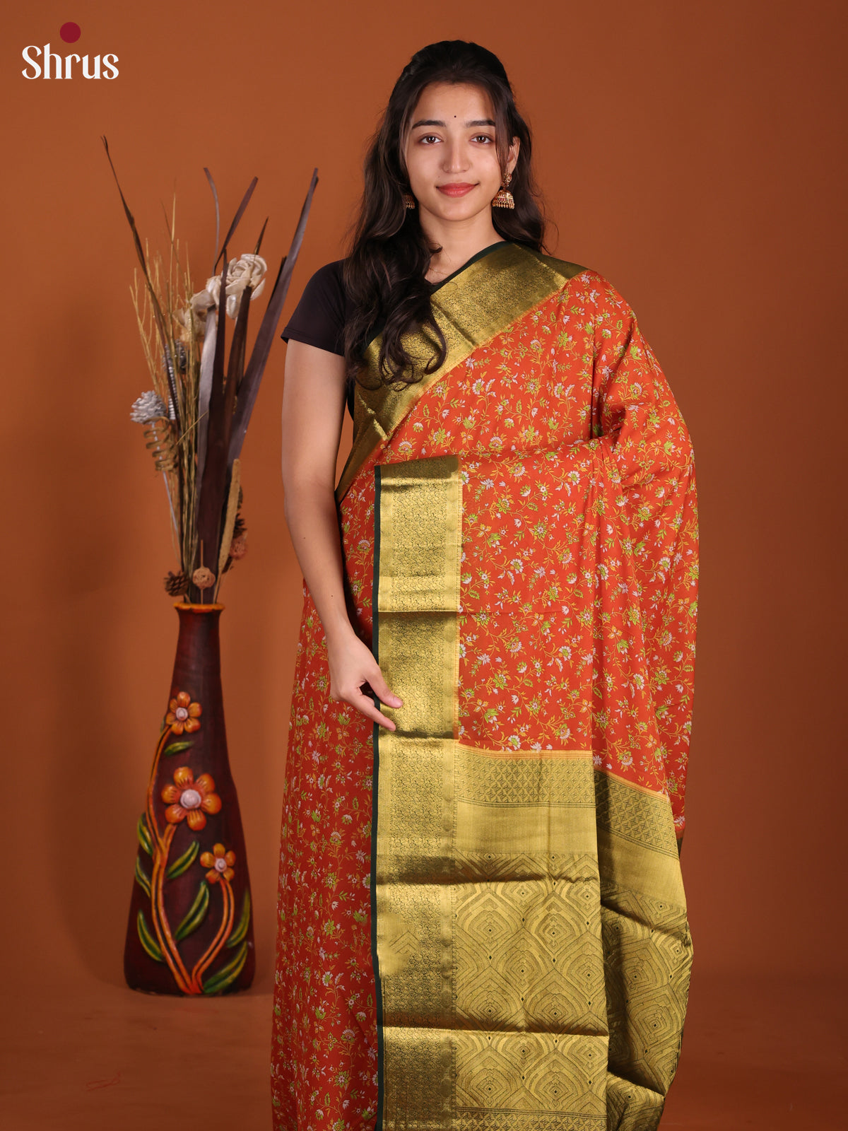 Orange & Green - Semi Mysoresilk Saree