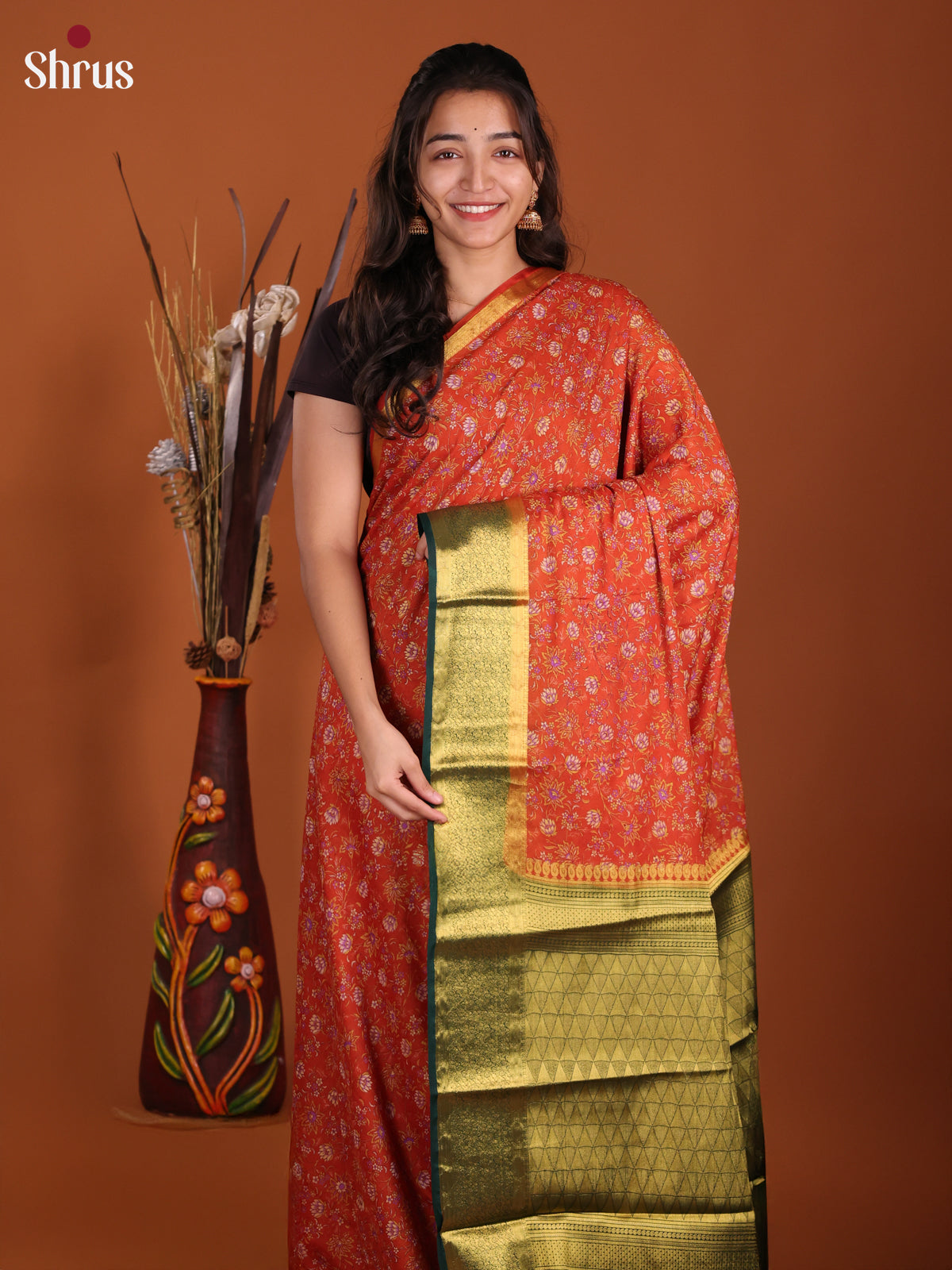 Orange & Green - Semi Mysoresilk Saree - Shop on Shrus.com