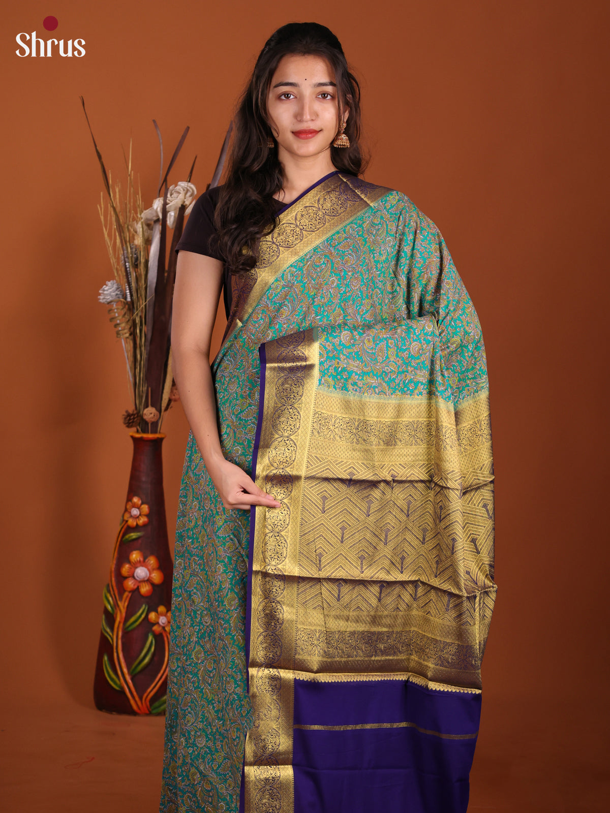 Teal & Blue - Semi Mysoresilk Saree