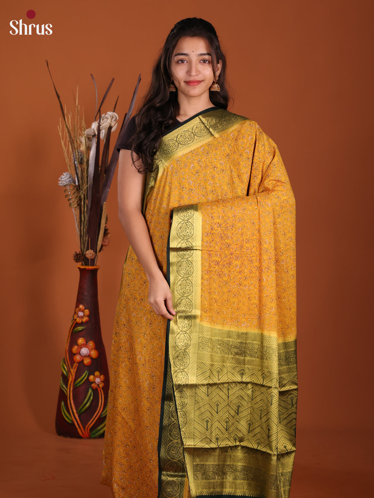 Mustard & Green- Semi Mysoresilk Saree - Shop on Shrus.com