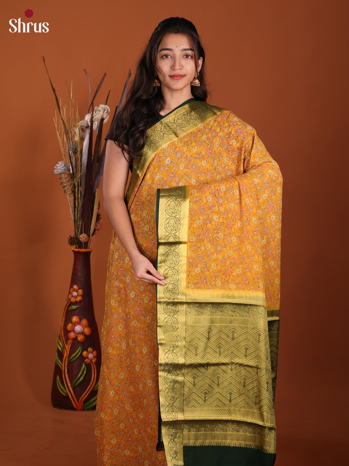 Orange & Green- Semi Mysoresilk Saree