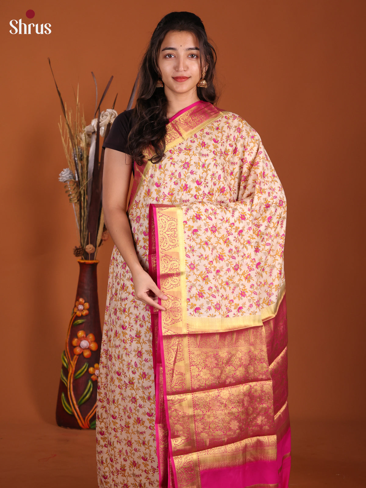 Cream & Pink- Semi Mysoresilk Saree - Shop on Shrus.com
