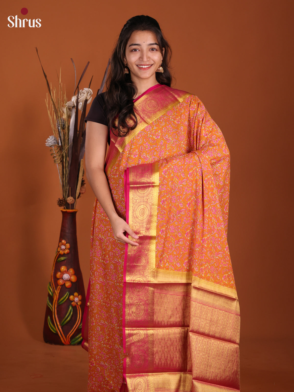 Orange & Pink - Semi Mysoresilk Saree - Shop on Shrus.com