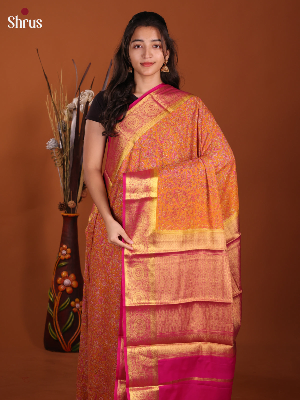 Orange & Pink- Semi Mysoresilk Saree - Shop on Shrus.com