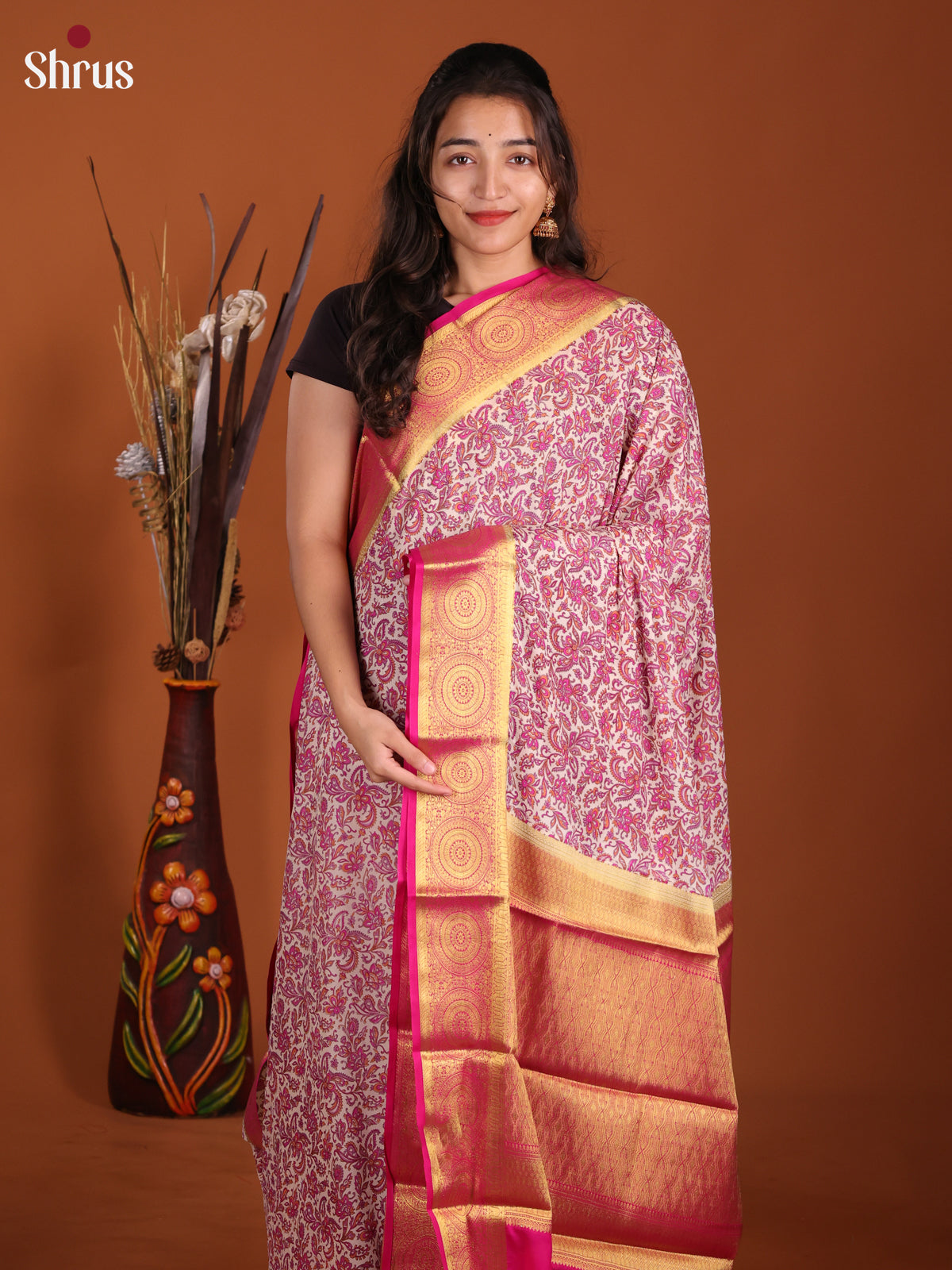 Grey & Pink- Semi Mysoresilk Saree - Shop on Shrus.com