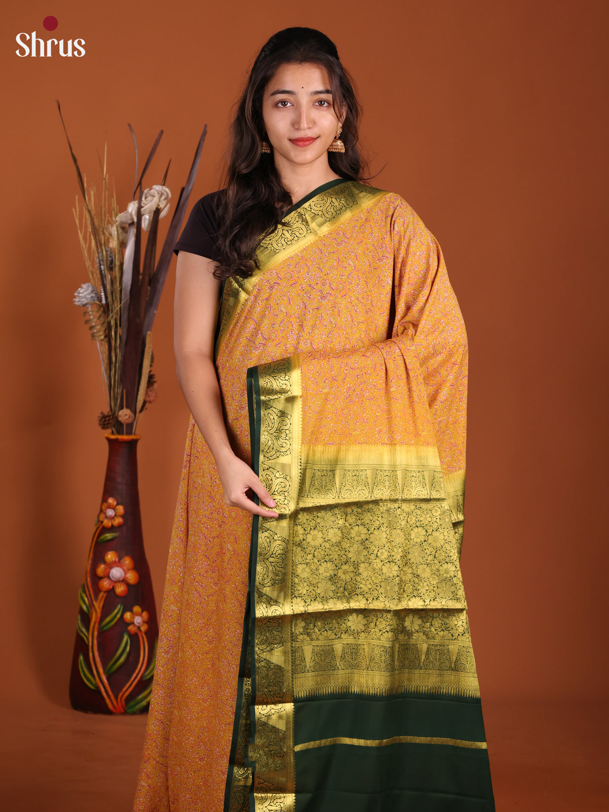 Sandal & Green - Semi Mysoresilk Saree - Shop on Shrus.com
