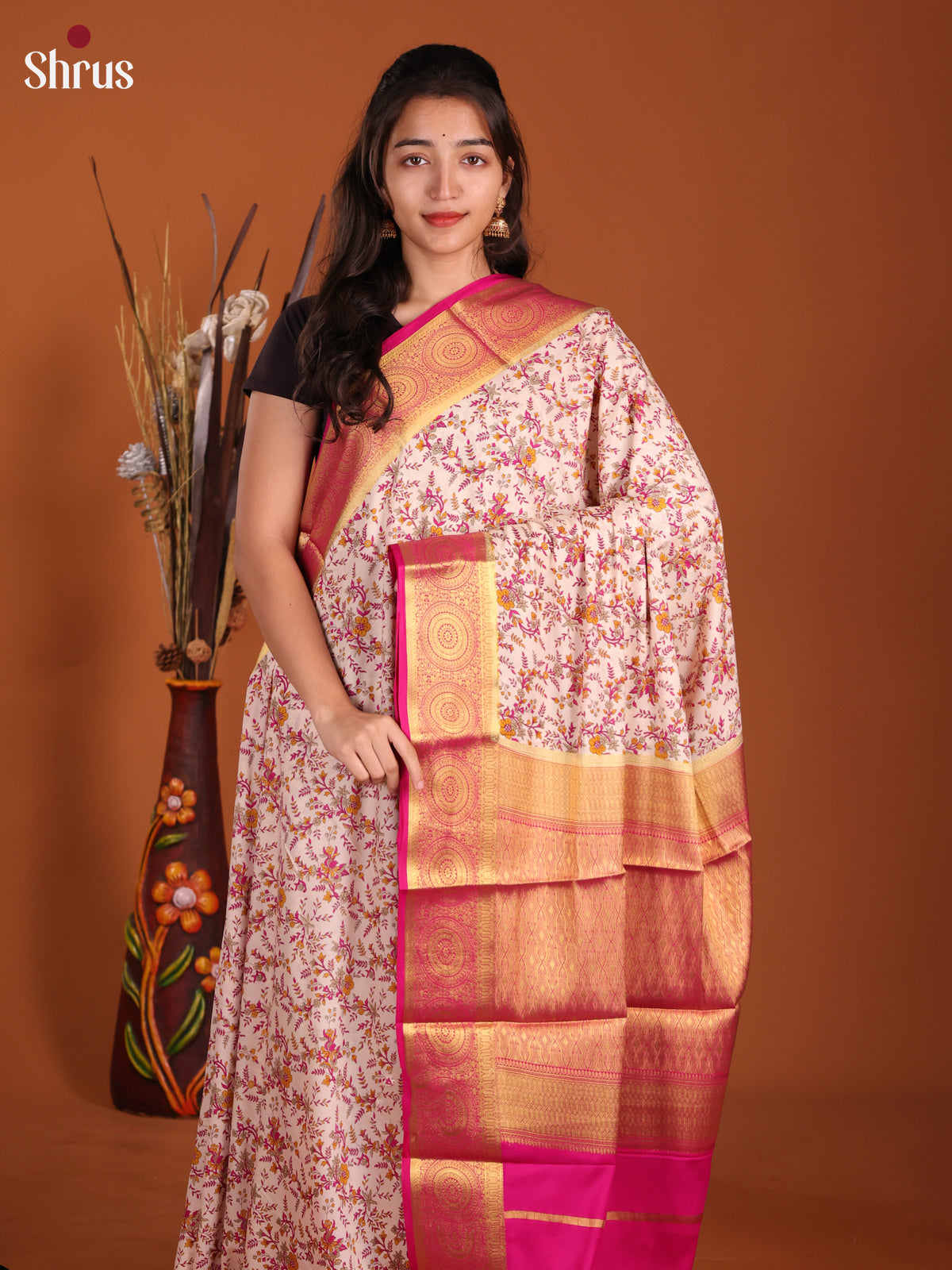 Cream & Pink - Semi Mysoresilk Saree
