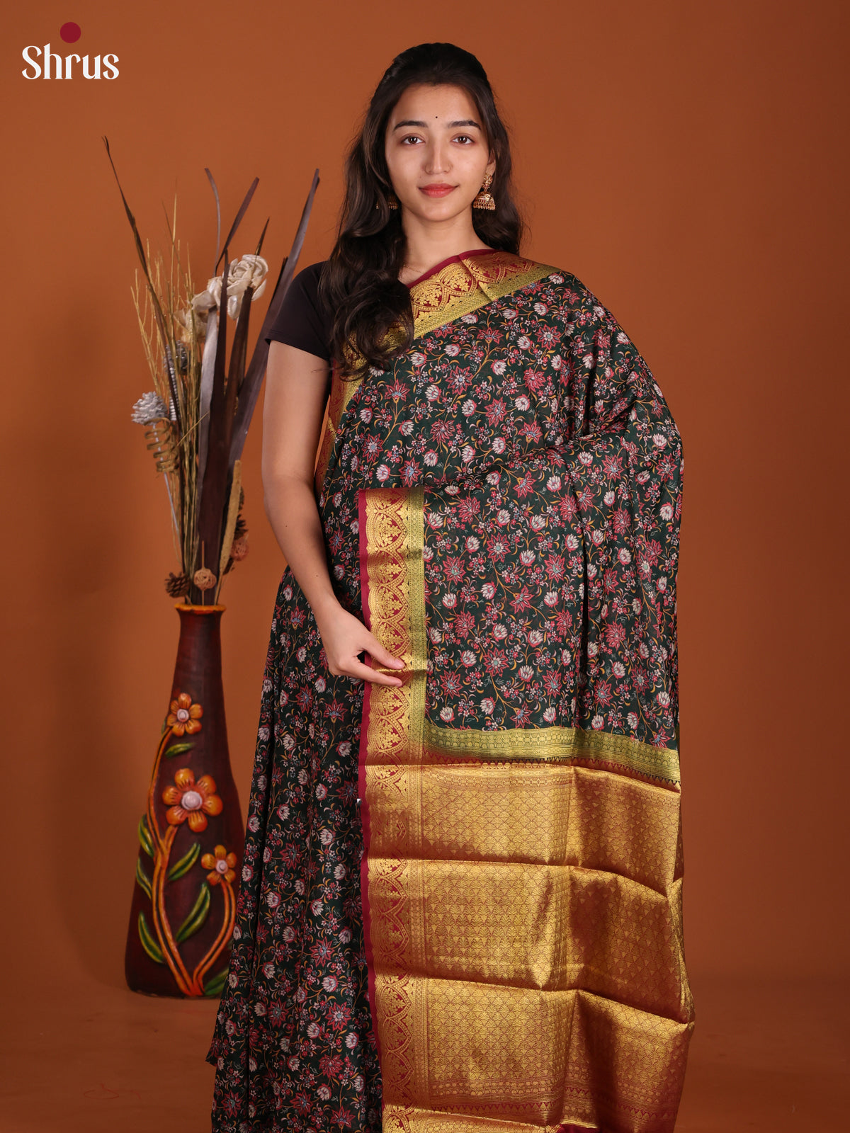 Dark Green & Maroon - Semi Mysoresilk Saree - Shop on Shrus.com
