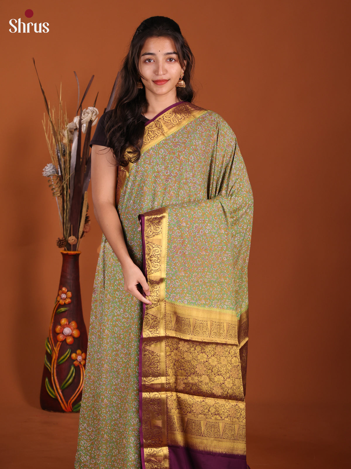 Green & Violet - Semi Mysoresilk Saree